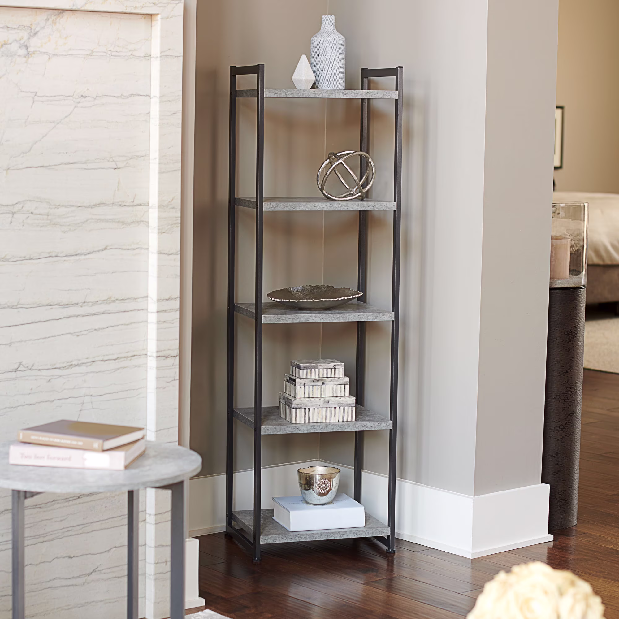 Jamestown Narrow 5 Shelf Open Storage Bookshelf Rustic Slate Concrete and Black Metal(Concrete Slate)