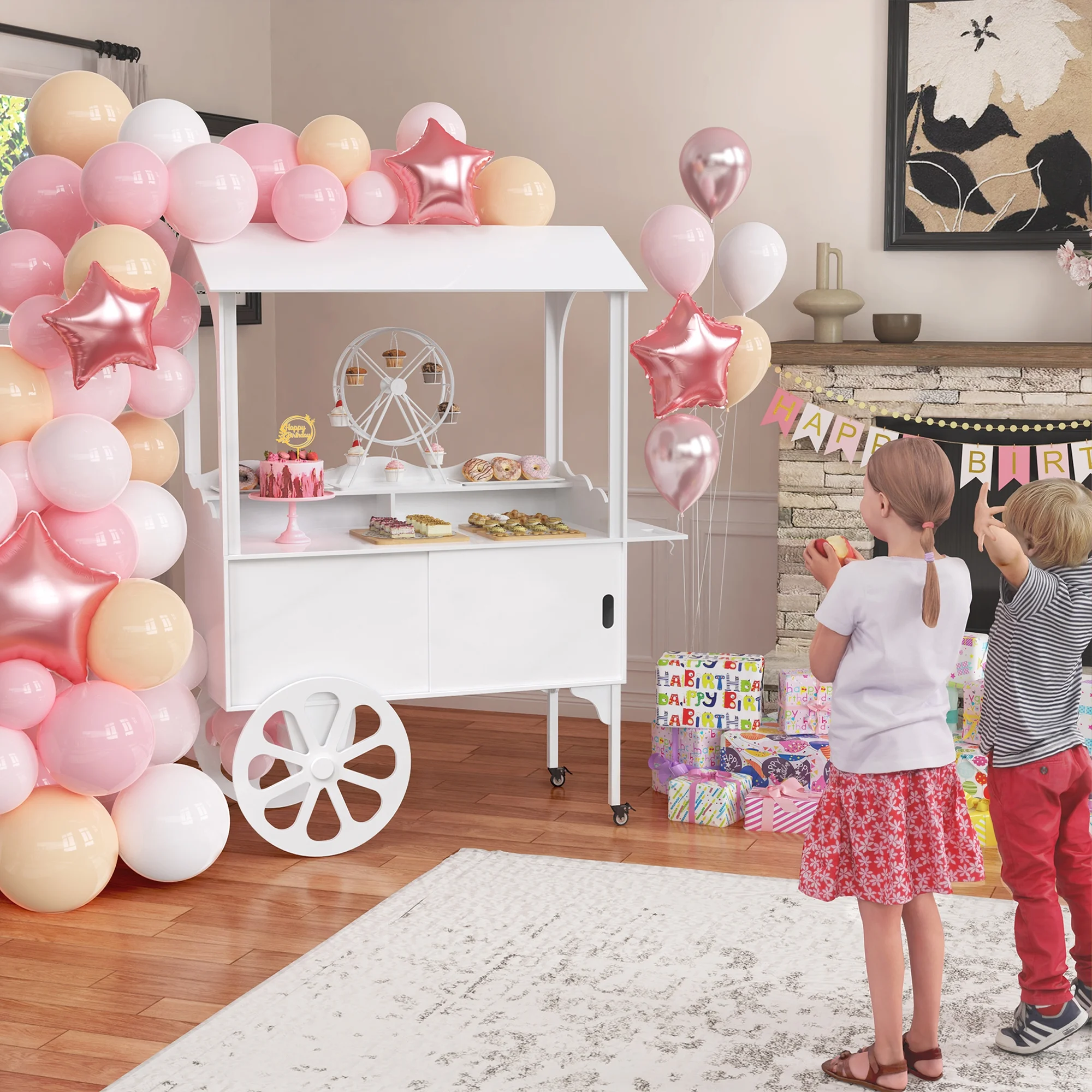 Candy Cart with Wheels for Party,Wood Dessert Cart with Storage Cabinet - Image 3