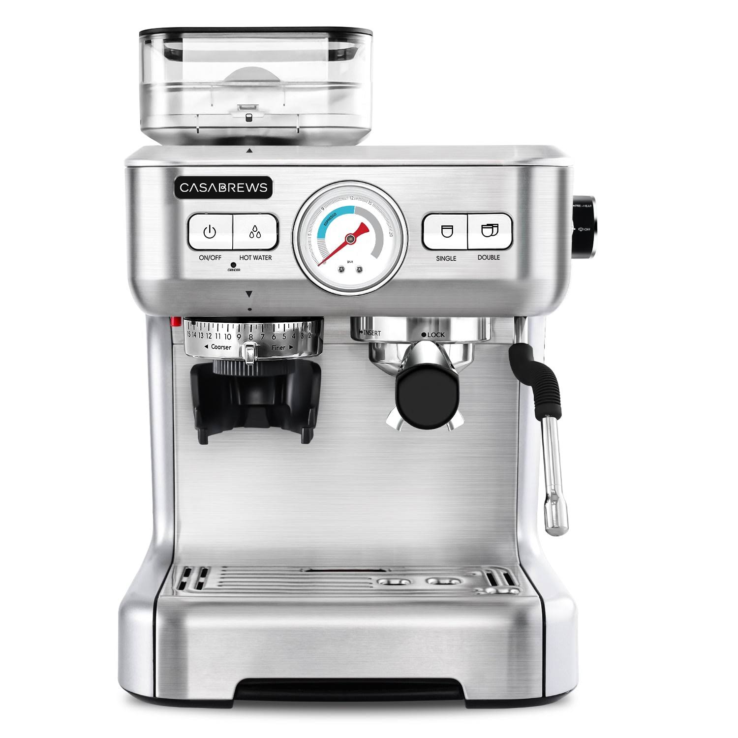 CASABREWS 20 Bar All-in-One Precision Espresso Machine, Build in Grinder, w/ 92oz Water Tank, Stainless Steel, Silver