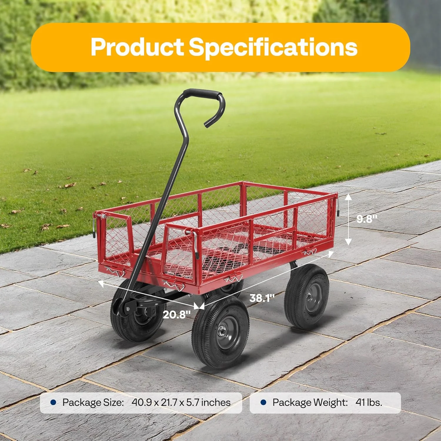 Mesh Steel Garden Cart 880 lbs Capacity, 38" x 21" Folding Utility Wagon with 10 Inch Wheels(Red) - Image 2