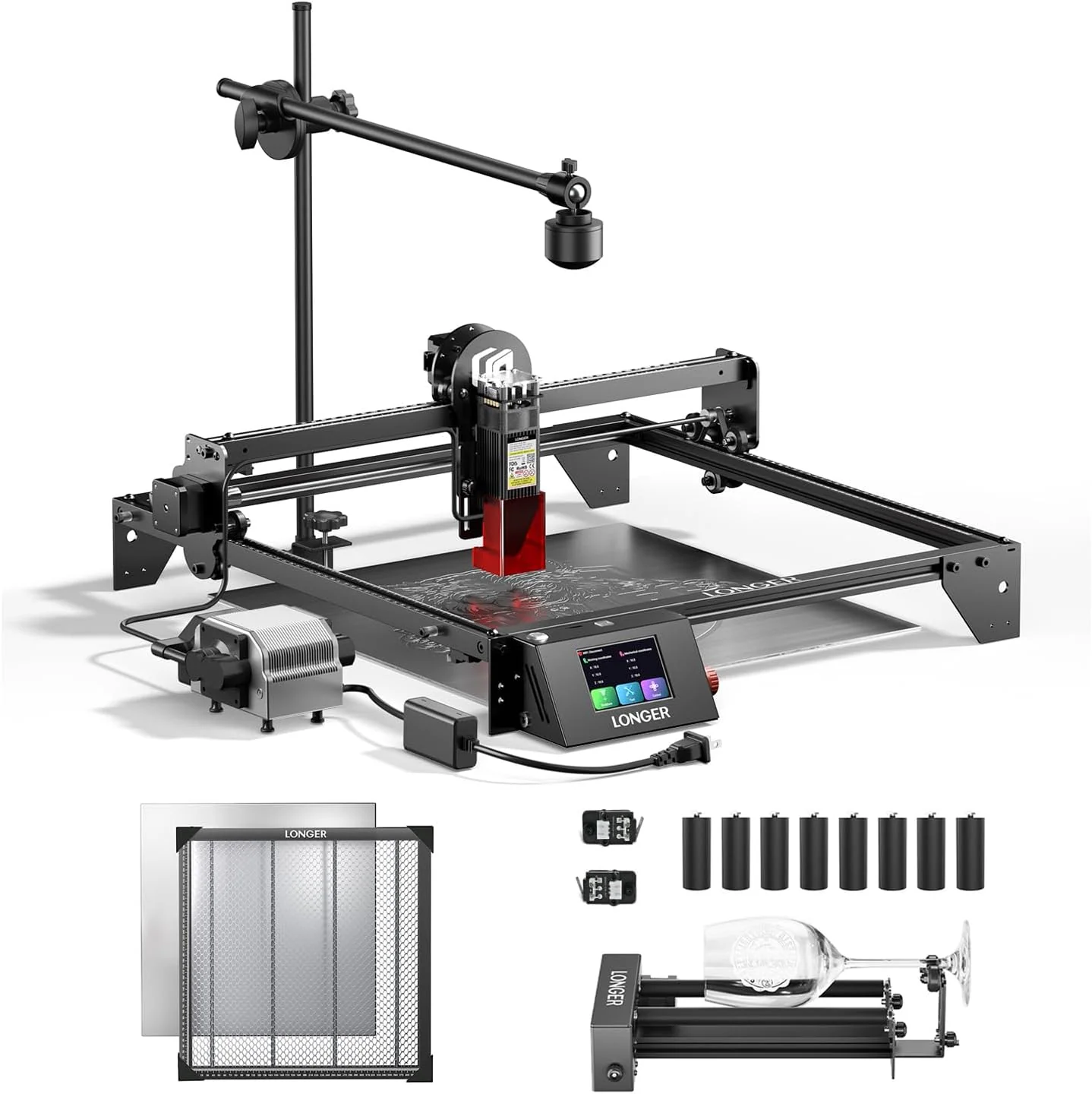 Découpeuse et graveuse laser RAY5 10W de plus, pour gobelets, avec rouleau rotatif, plateau de travail alvéolé de 44 x 44 cm, kit caméra et pompe à air. Graveuse laser pour bois, métal et acrylique.