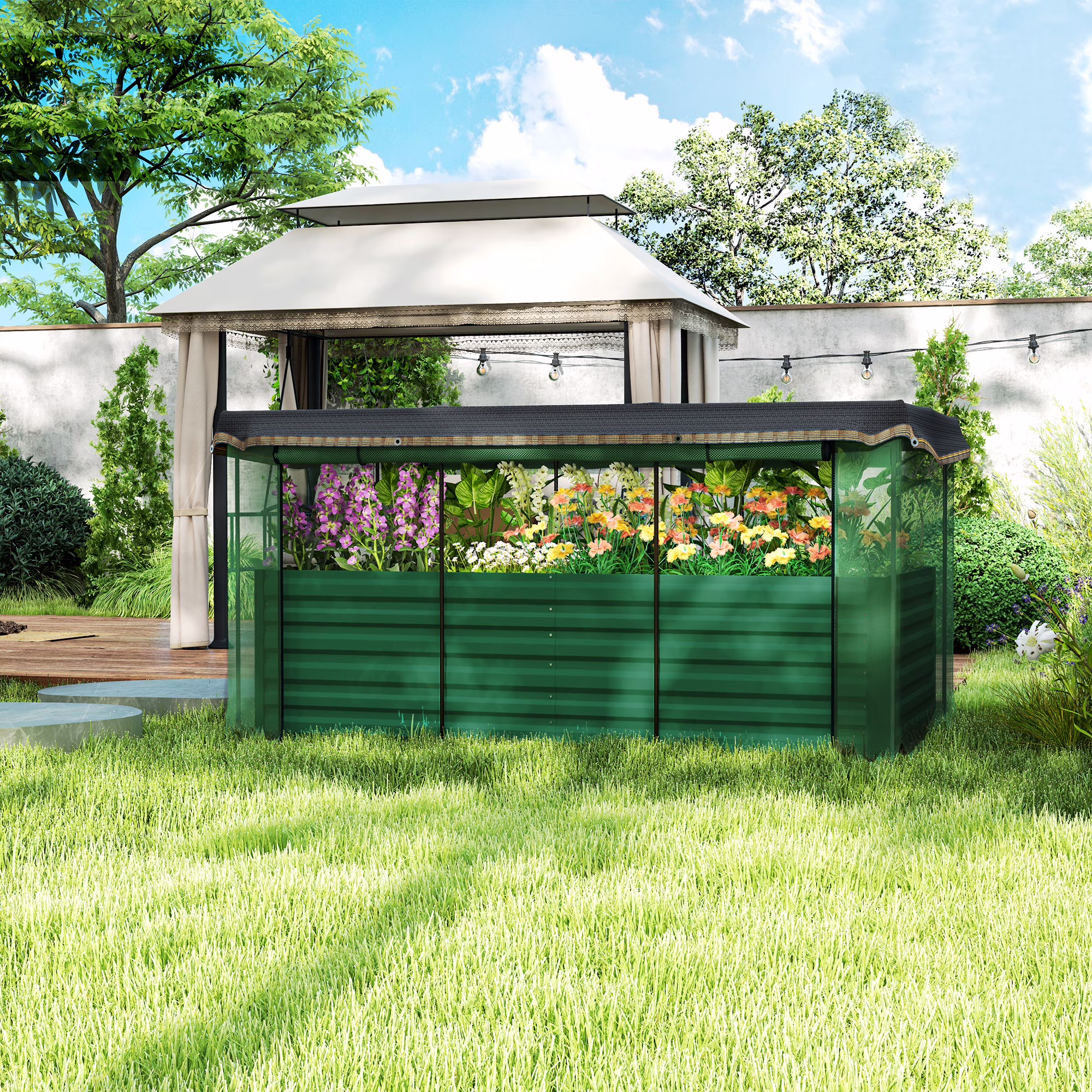 Outsunny Galvanized Raised Garden Bed, Planter Box with Crop Cage and Shade Cloth, Green