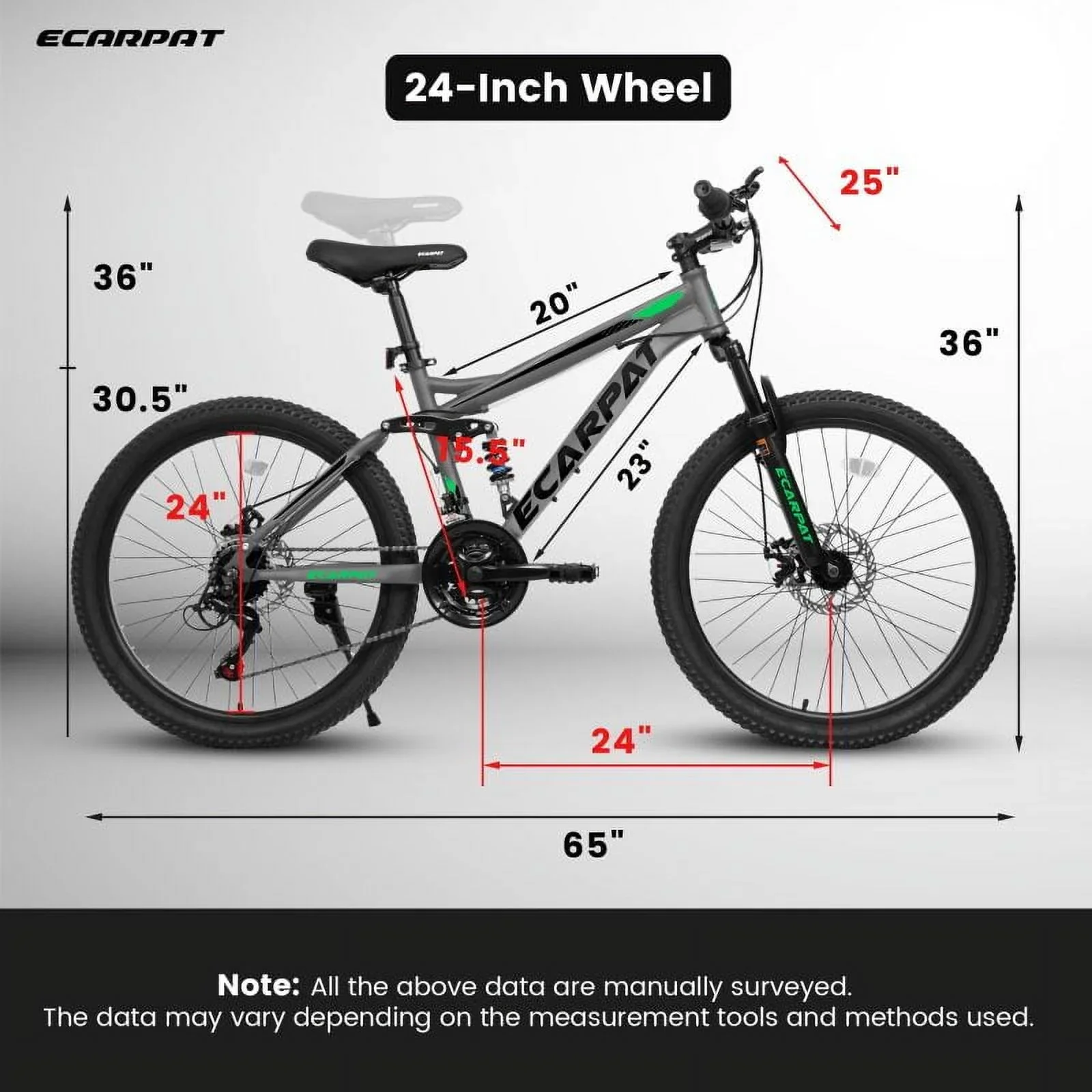 24 Unisex MTB, 21-Speed, Dual Suspension, Disc Brakes, Carbon-Steel Durability, 250 lb Rating, Quick-Adjust Tool Kit, Fits Heights 4'9-5'4