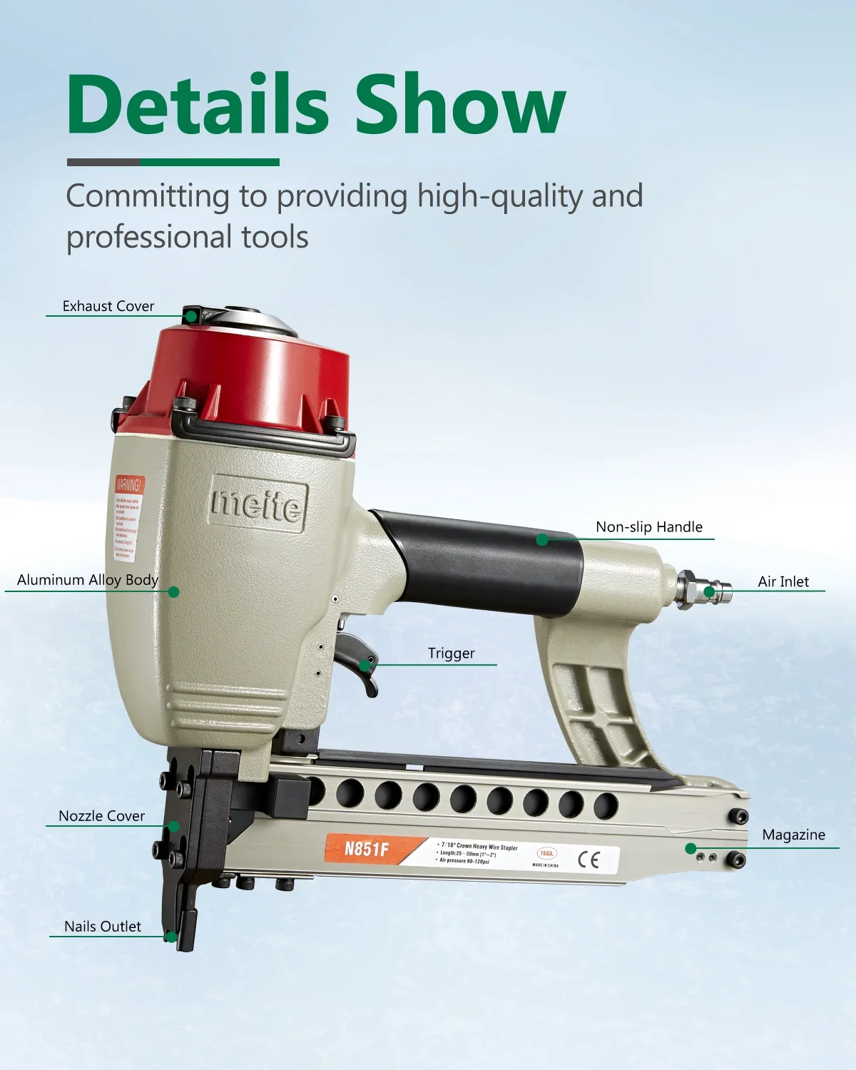 meite N851F Pneumatic Staple Gun 16 Gauge 7/16 Crown Sequential Nailing, Uses 16 GA 7/16-Inch Staples (1-Inch to 2-Inch)