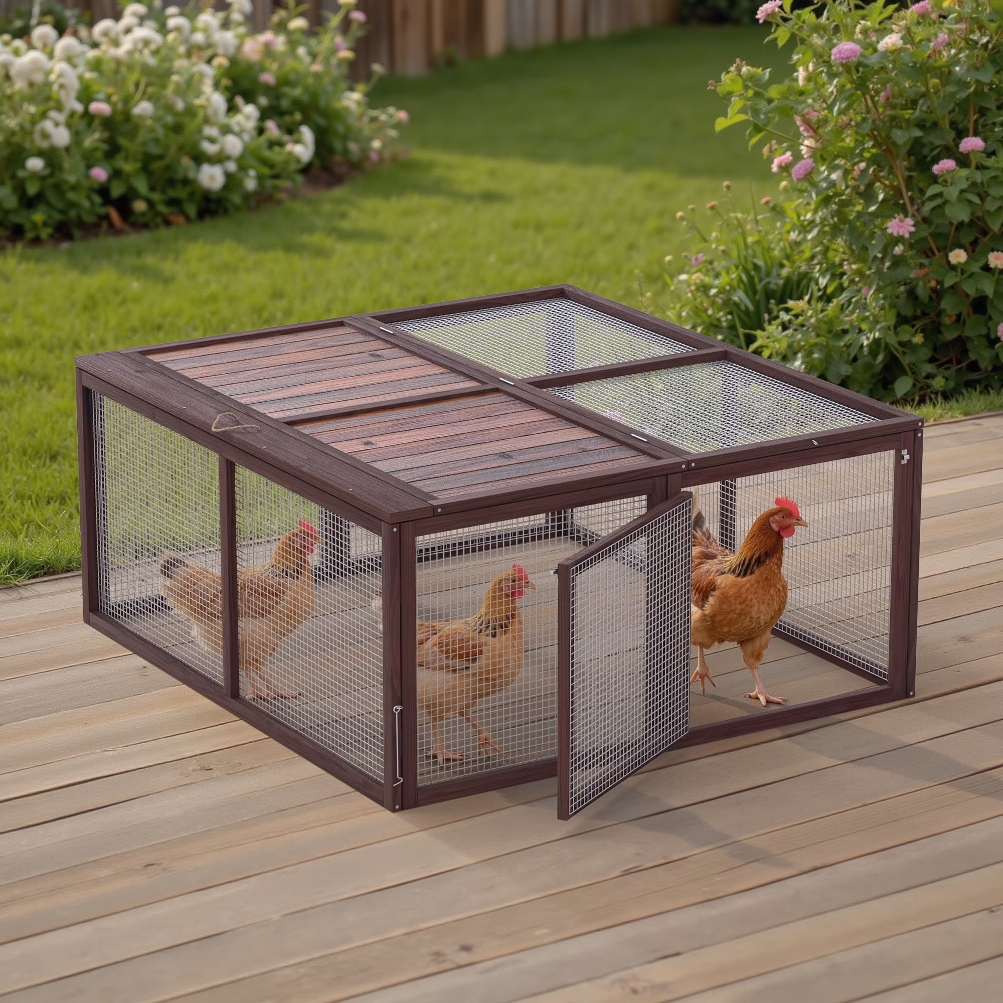 Portable Chicken Coop Run Rabbit Hutch Outdoor Small Animal Cage House Wooden Poultry Enclosure for Bunny, Duck, Chick, Quail, No Assembly Required(Yellow) - Image 3