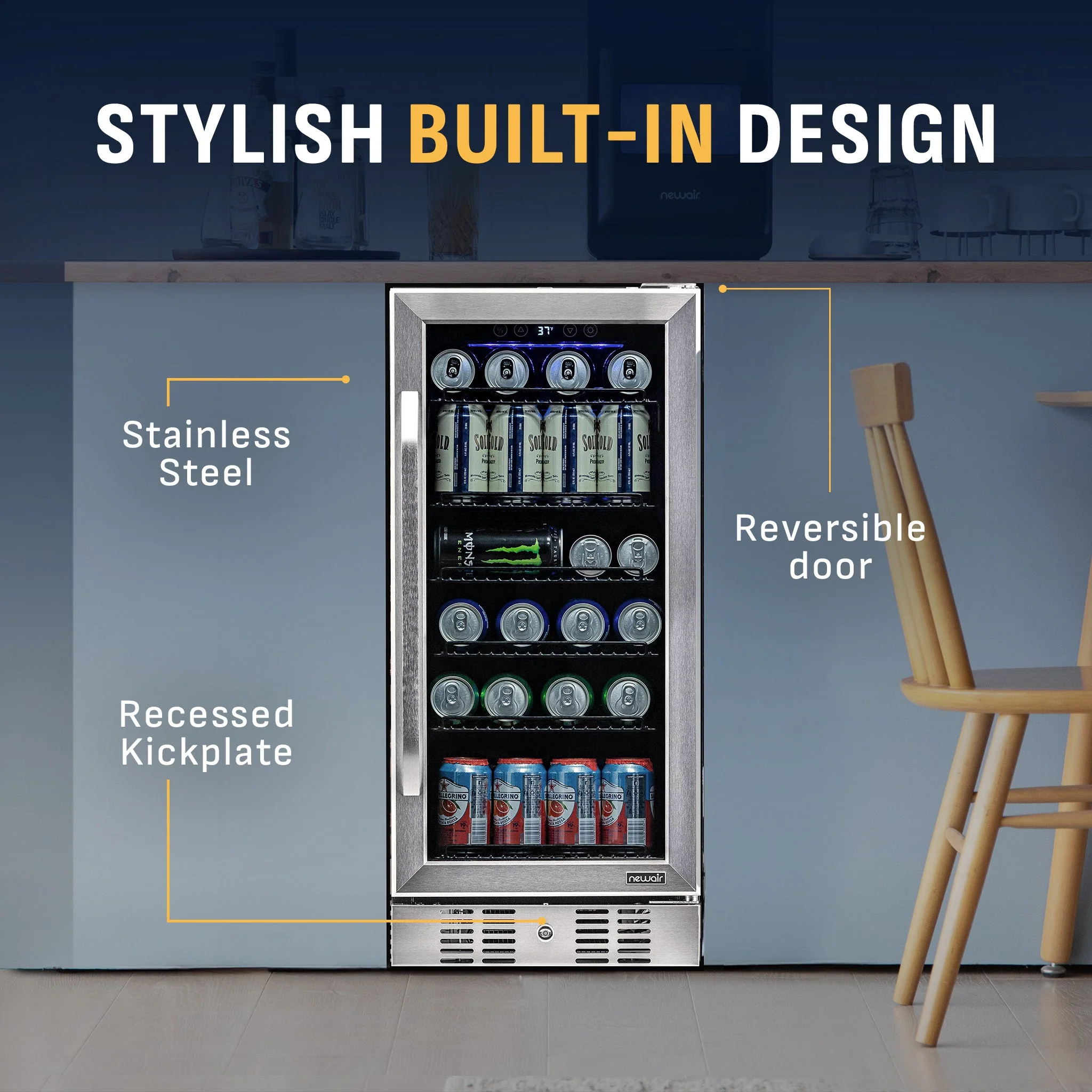 Newair 96-Can Built-In Stainless Steel Beverage Fridge - 15