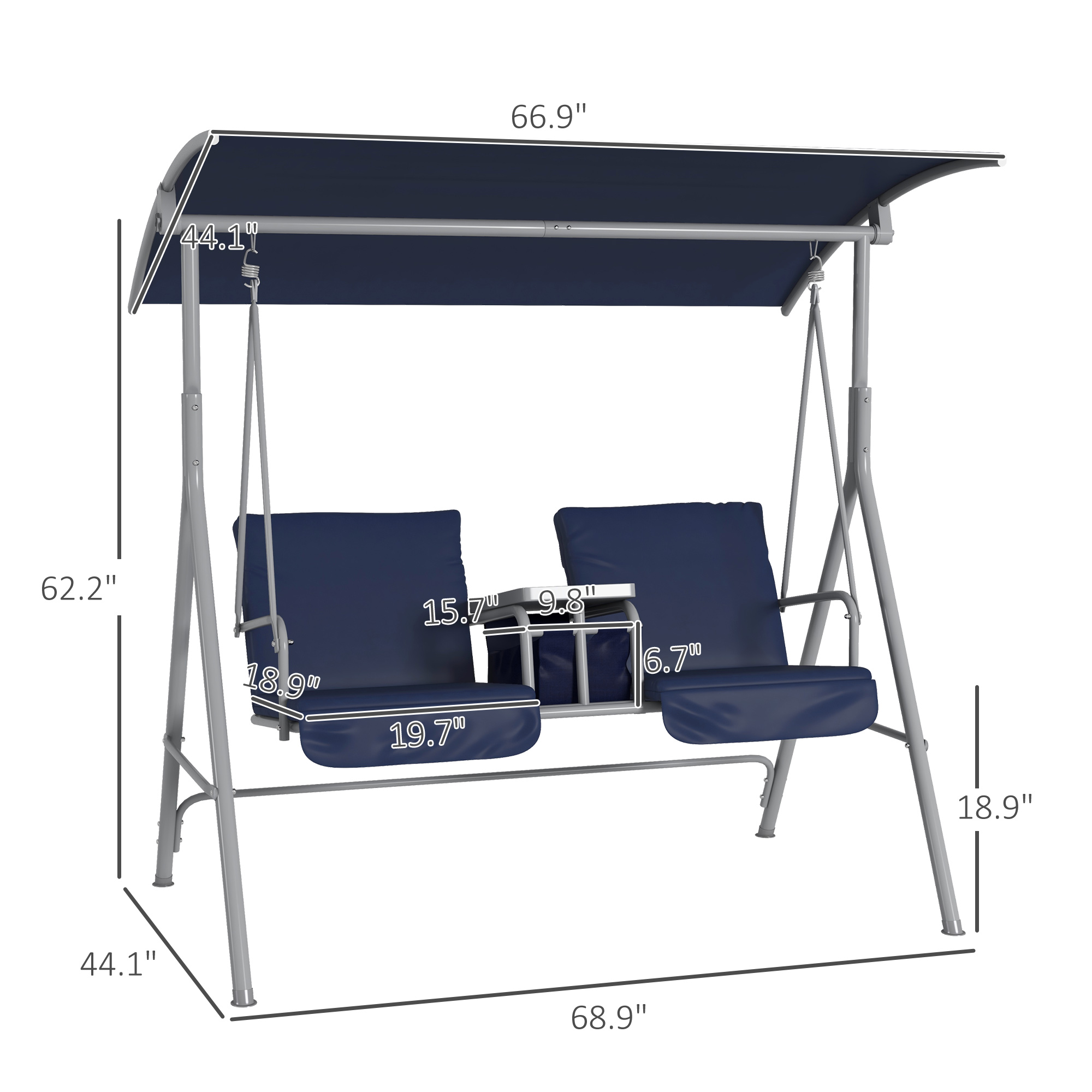 2 Person Porch Swing with Stand, Outdoor Swing with Canopy, Pivot Storage Table, 2 Cup Holders, Cushions for Patio, Backyard, Dark Blue(Dark Blue) - Image 8