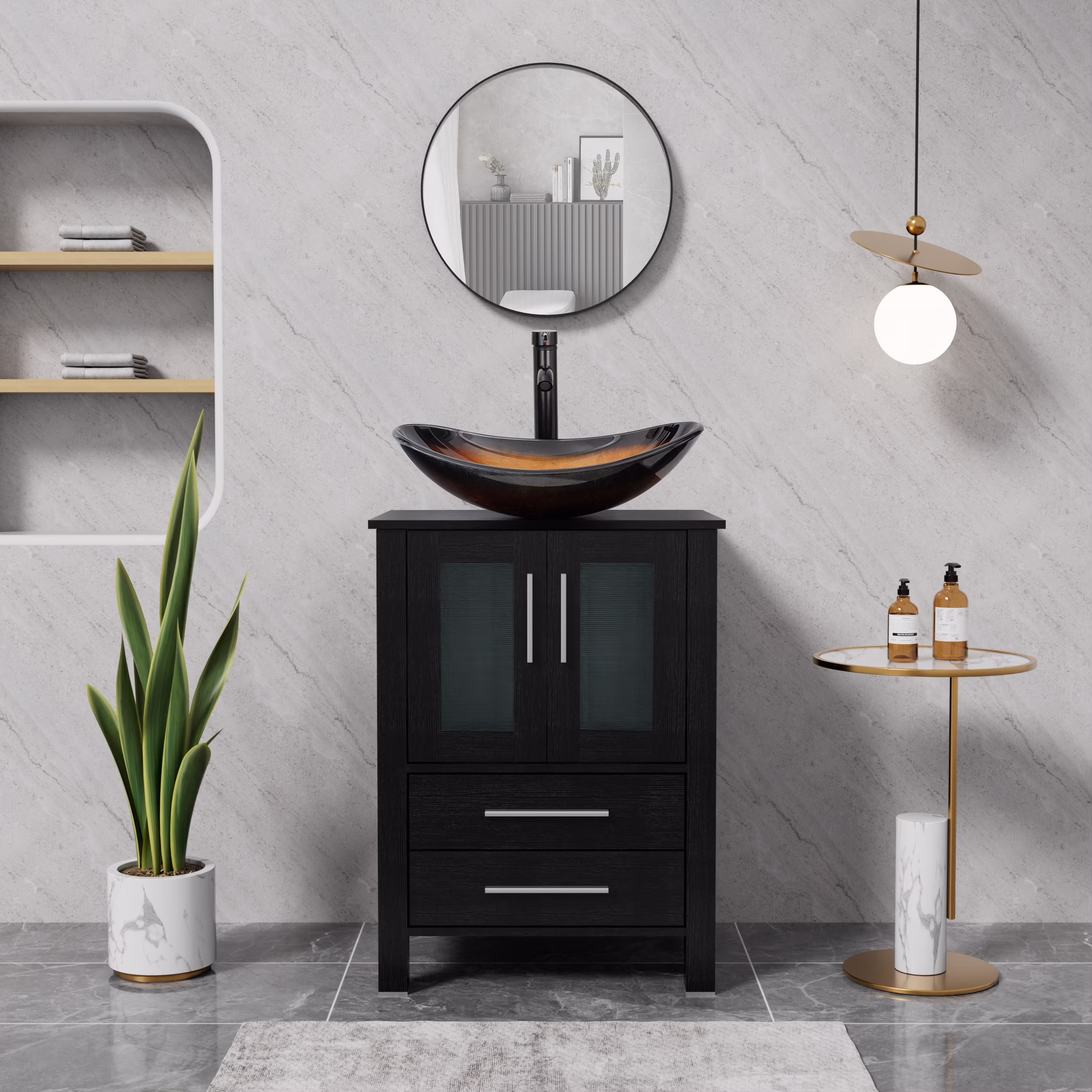 24" Freestanding Single Bathroom Vanity with Vessel Sink, Manufactured Wood Top(Black)