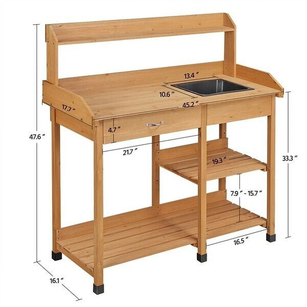 Veado Potting Bench Outdoor Garden Work Bench Station Planting Solid Wood Construction for Horticulture W/Sink Drawer Rack Shelves Natural Wood