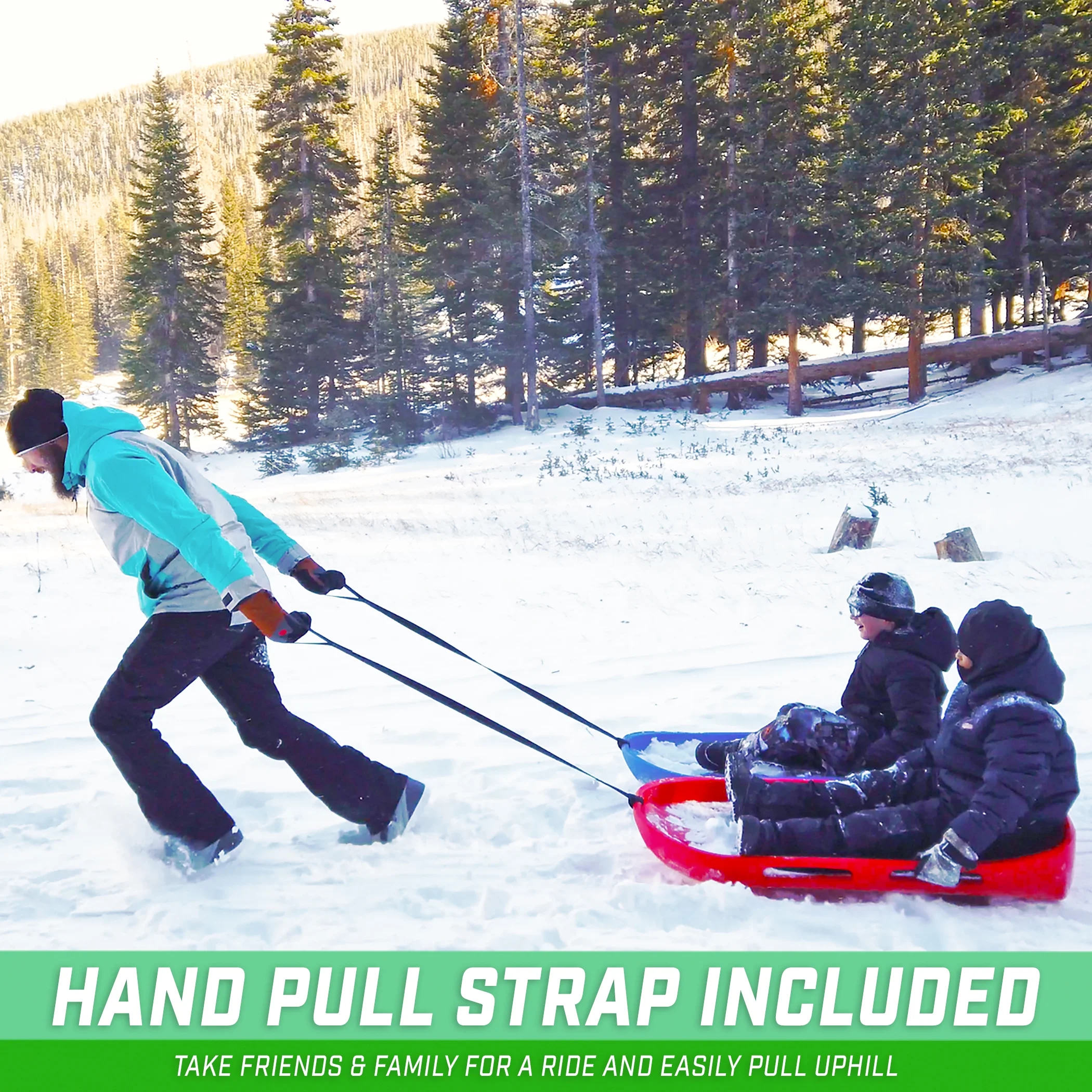 2 Person Premium Snow Sled with Double Walled Construction, Pull Strap and Padded Seat Red - Image 3
