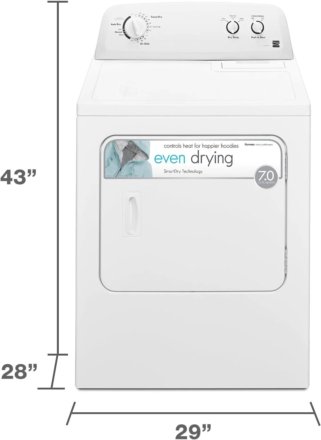 29′′ Front Load Electric Dryer with Wrinkle Guard and 7.0 Cubic Ft. Total Capacity. White