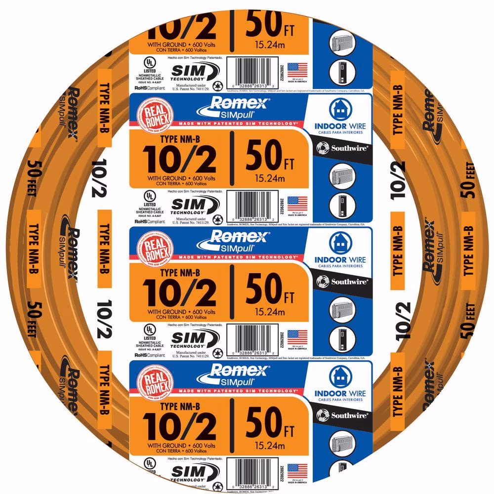 Southwire 28829022 50' 10/2 with Ground Romex Brand Simpull Residential Indoor Electrical Wire Type NM - B Orange