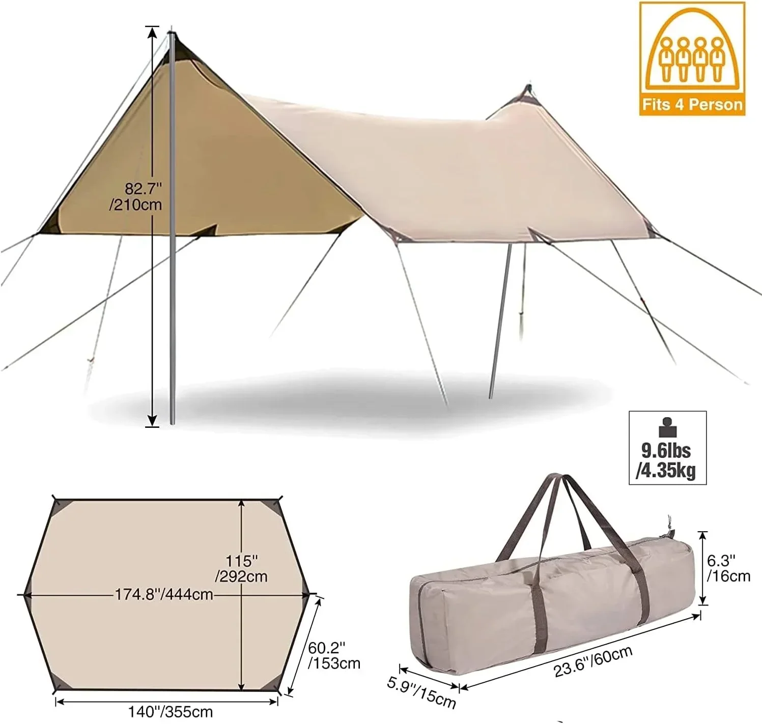 YUEWO 15��10FT 210D Oxford UPF50+ Shelter Camping Tarp with 2 * 7FT Poles, Waterproof & Lightweight Tent Tarp, Rain Fly Sun Shelter, Can Used with Car,Tent & Hammock for Picnic, Garden & Outdoor