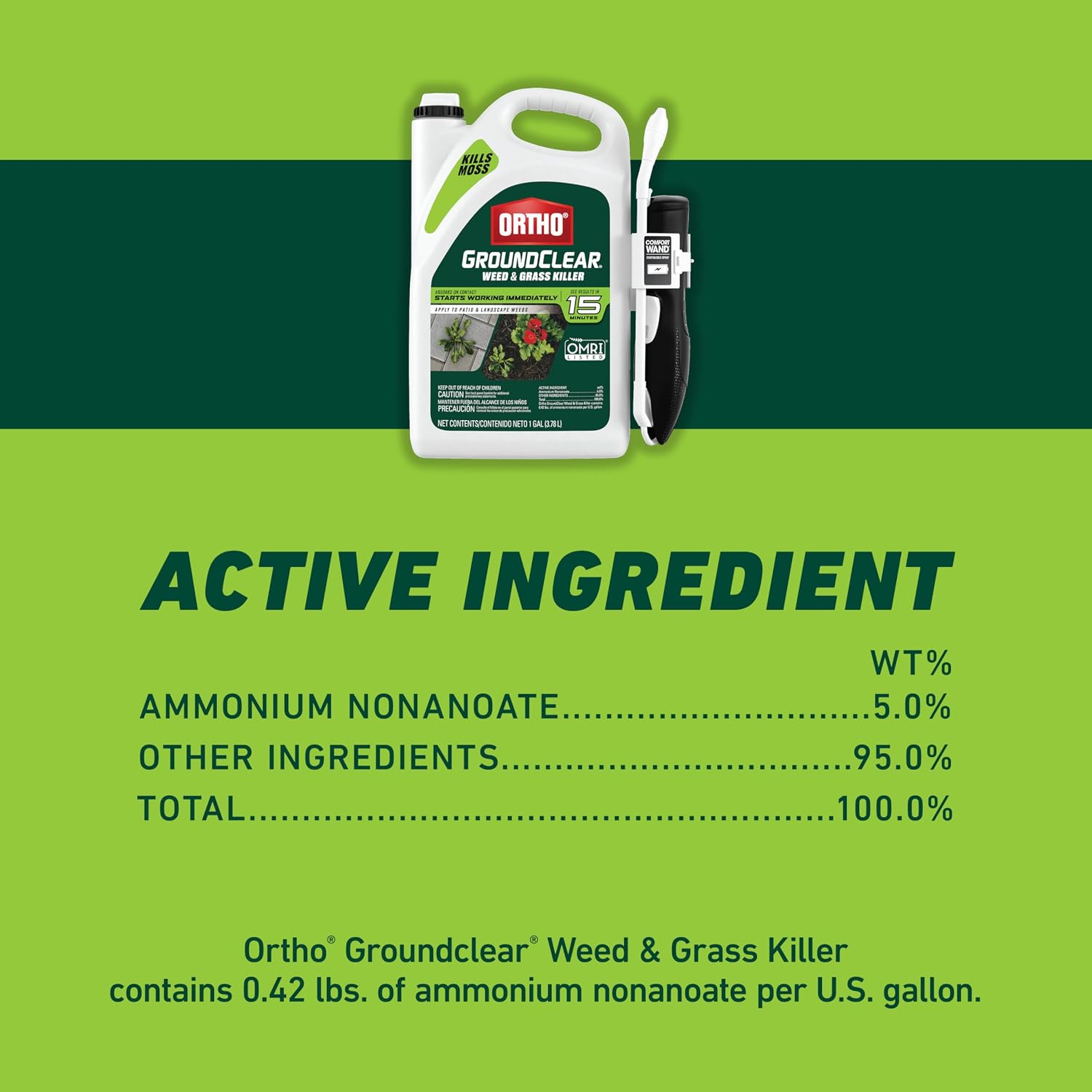 Ortho GroundClear Weed & Grass Killer with Comfort Wand, 1 gal| Kills Dandelions, Chickweed, Crabgrass, Moss & More, OMRI Listed, Ready-to-Use Grass and Weed Killer Spray