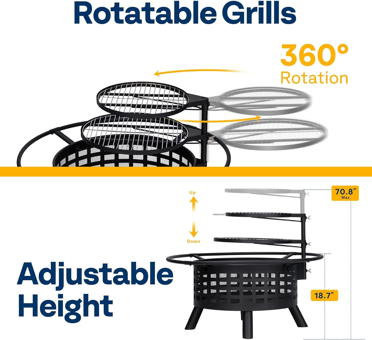 3-in-1 Fire Pit��35 in Wood Burning Firepits with Cooking Grill Grate Charcoal Pan Cover Lid, Metal Table for Backyard Bonfire BBQ Outdoor Camping Picnic(Single-Grill) - Image 10