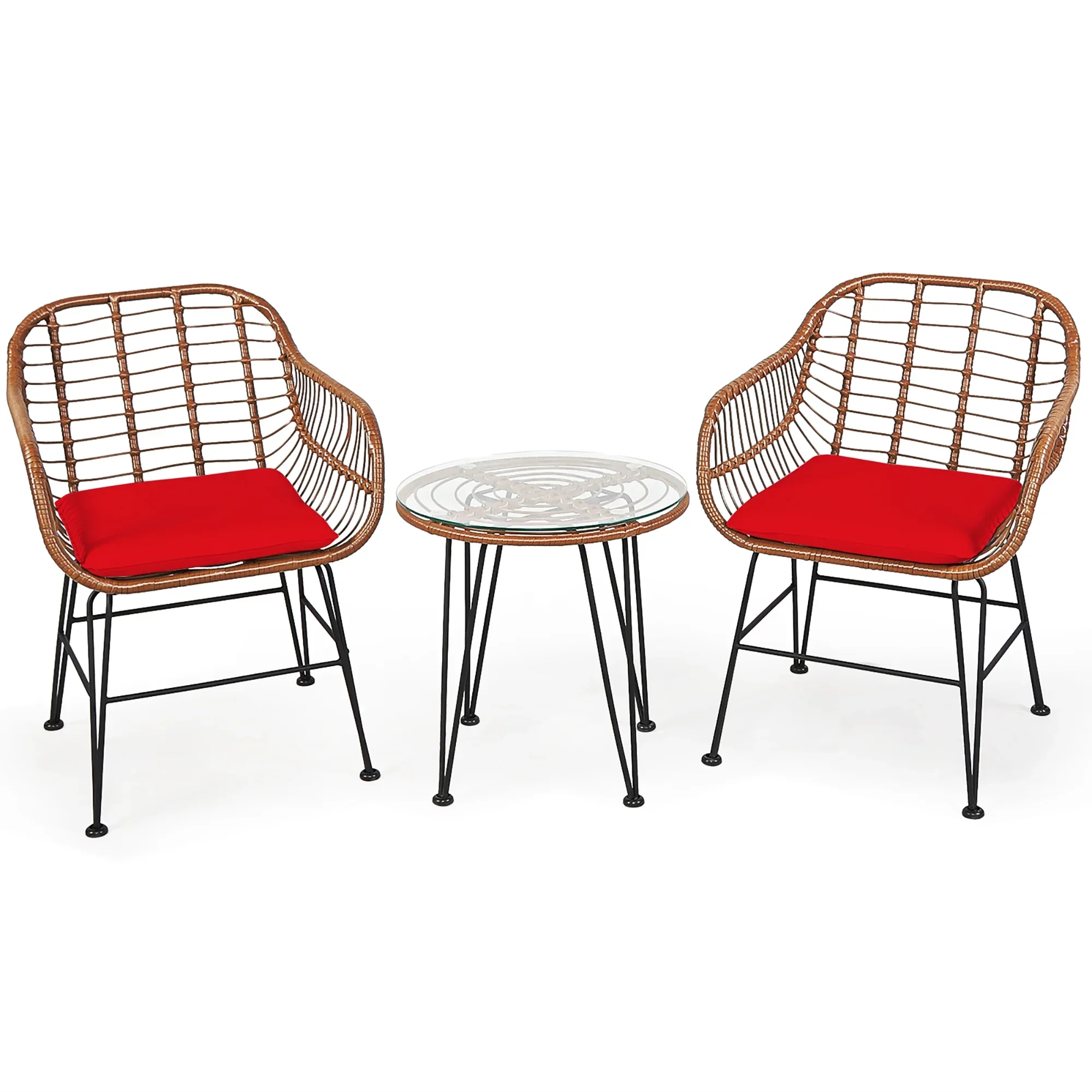 Costway 3PCS Patio Rattan Bistro Set Coffee Table Armchair Garden Red Cushion