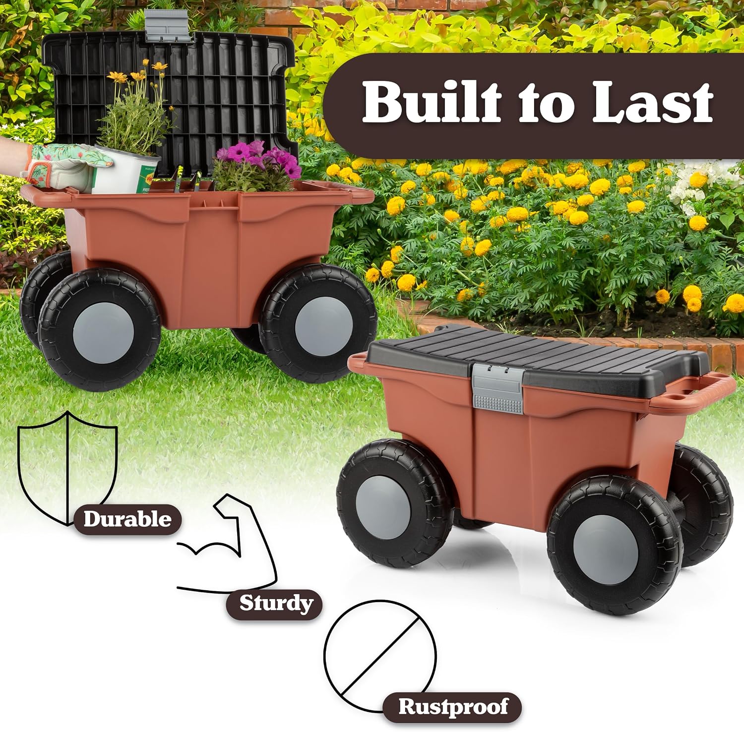 Pure Garden Rolling Garden Cart with Seat, Terracotta
