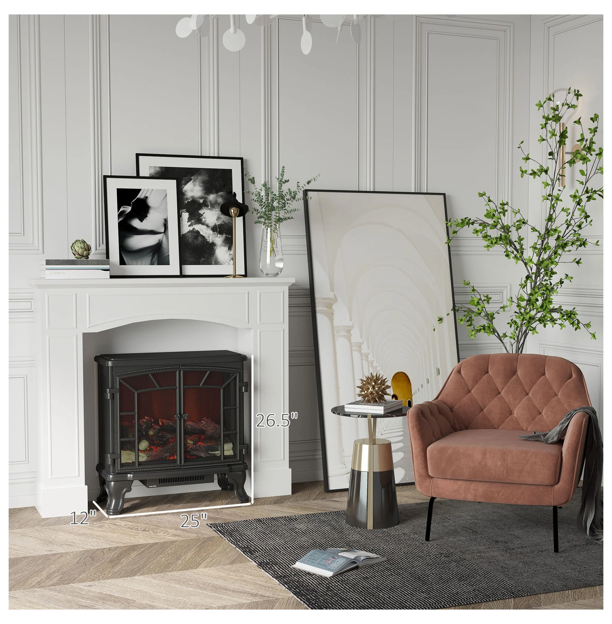 Modern Fireplace Mantel, Surround Mantels for Fireplace with Decorative Pattern Interior Width 29" White - Image 9