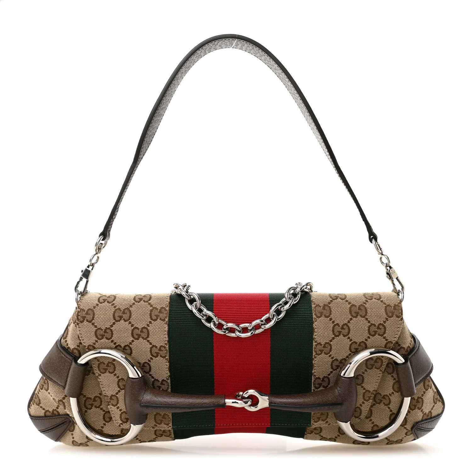 Monogram Textured Dollar Calfskin Heavy Grosgrain Web Medium Maxi Horsebit Chain Shoulder Bag Beige Ebony New Acero