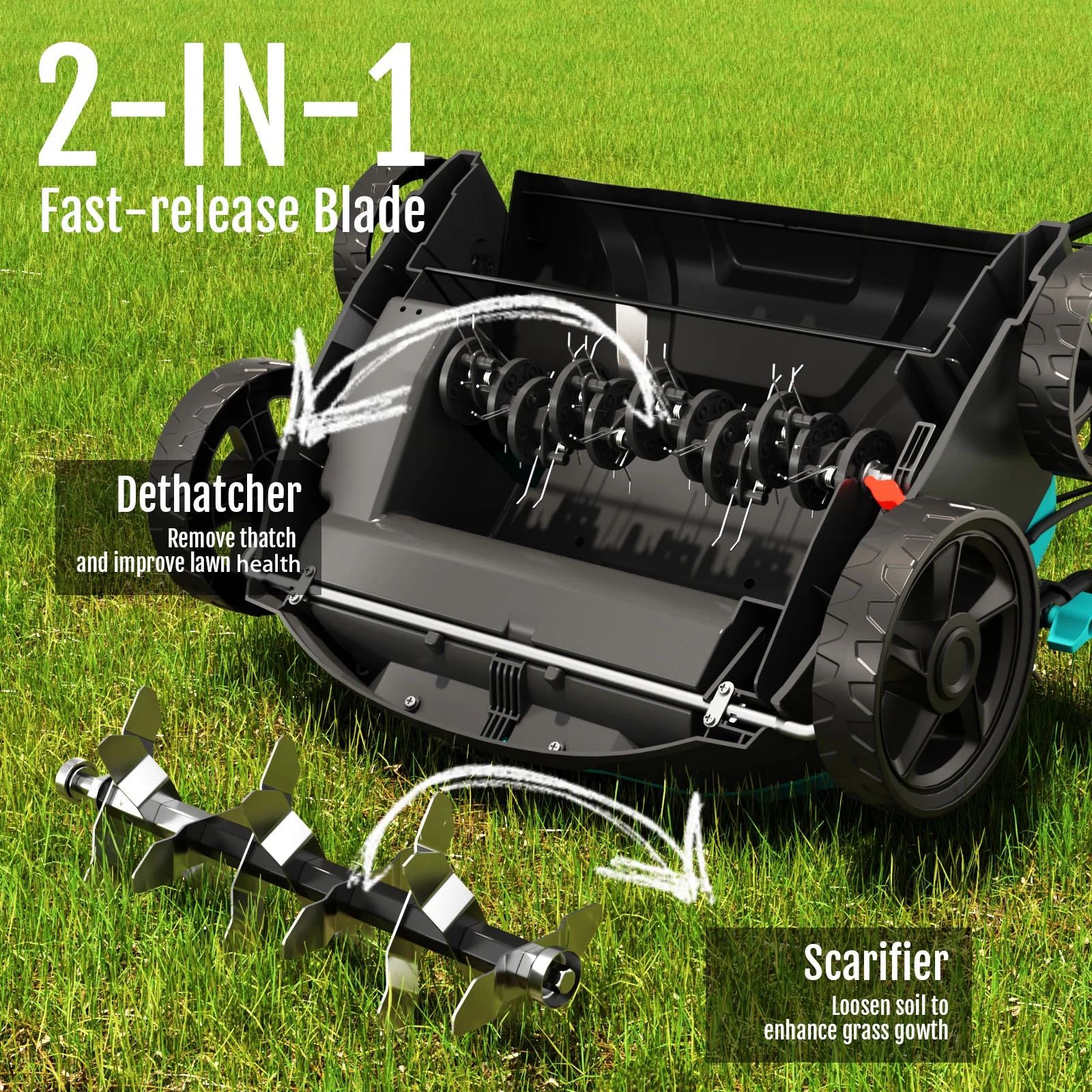 2-in-1 Scarifier and Dethatcher �C Deep Soil Revitalization with High-Torque Motor, Adjustable Depth Control, Dual Safety Switch Removable 10.5-Gallon Thatch Bag - Image 3
