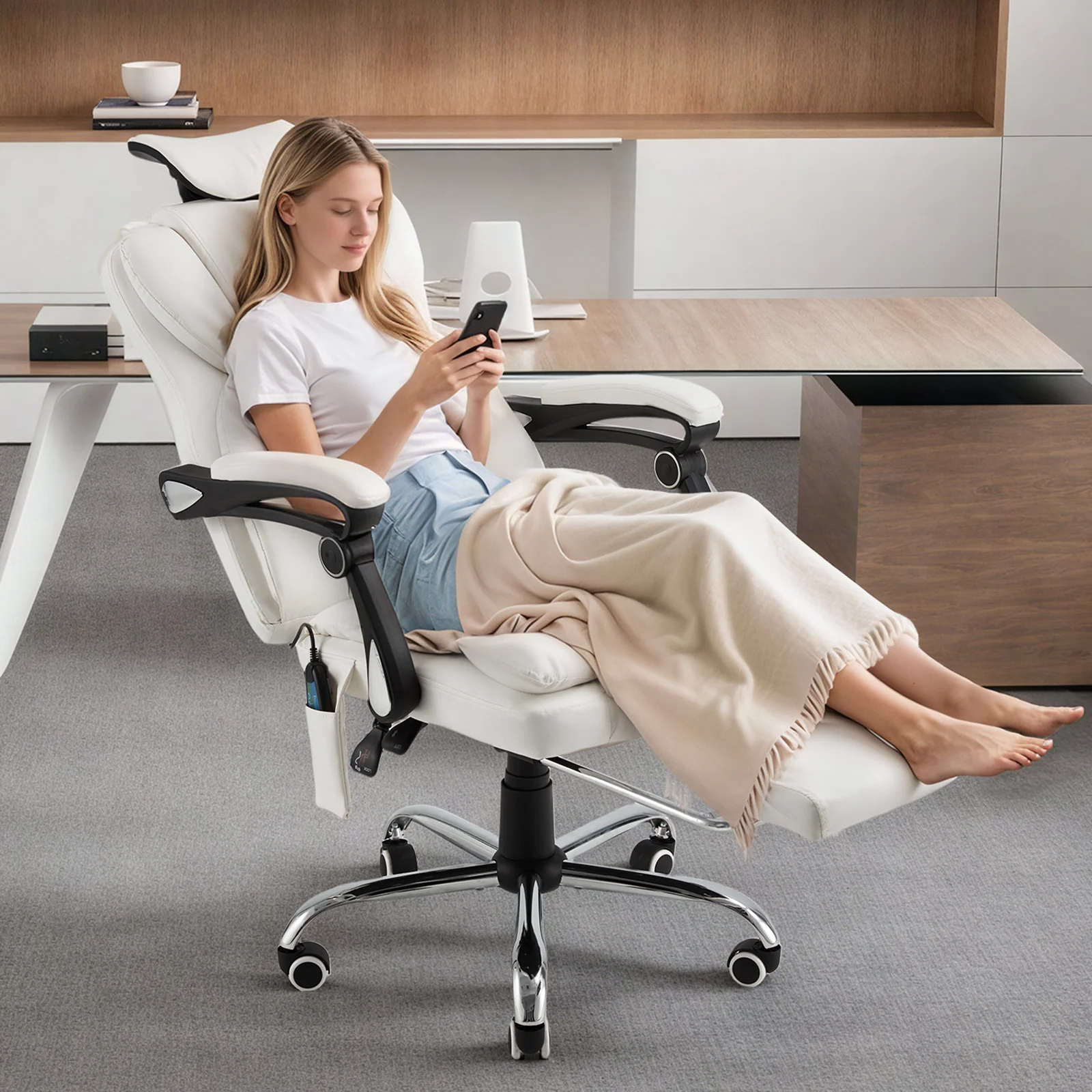 AECOJOY Office Chair with 7 Points Vibration Massage&Heat, Adjustable Ergonomic Recliner, Cream White