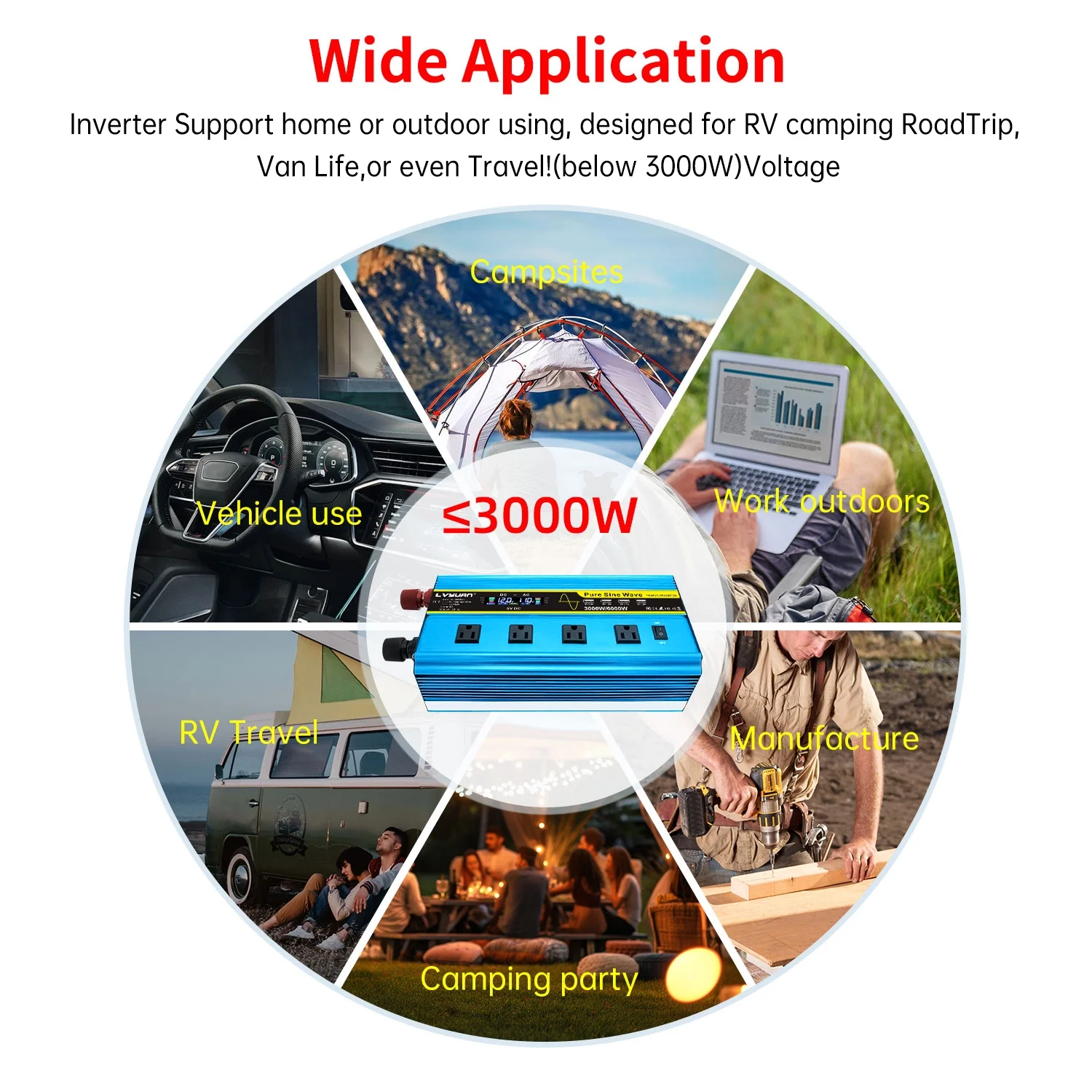 LVYUAN 3000watts Pure Sine Wave Power Inverter DC 12V to AC 110V 120V Converter 4USB 4AC LCD Display with Remote Control
