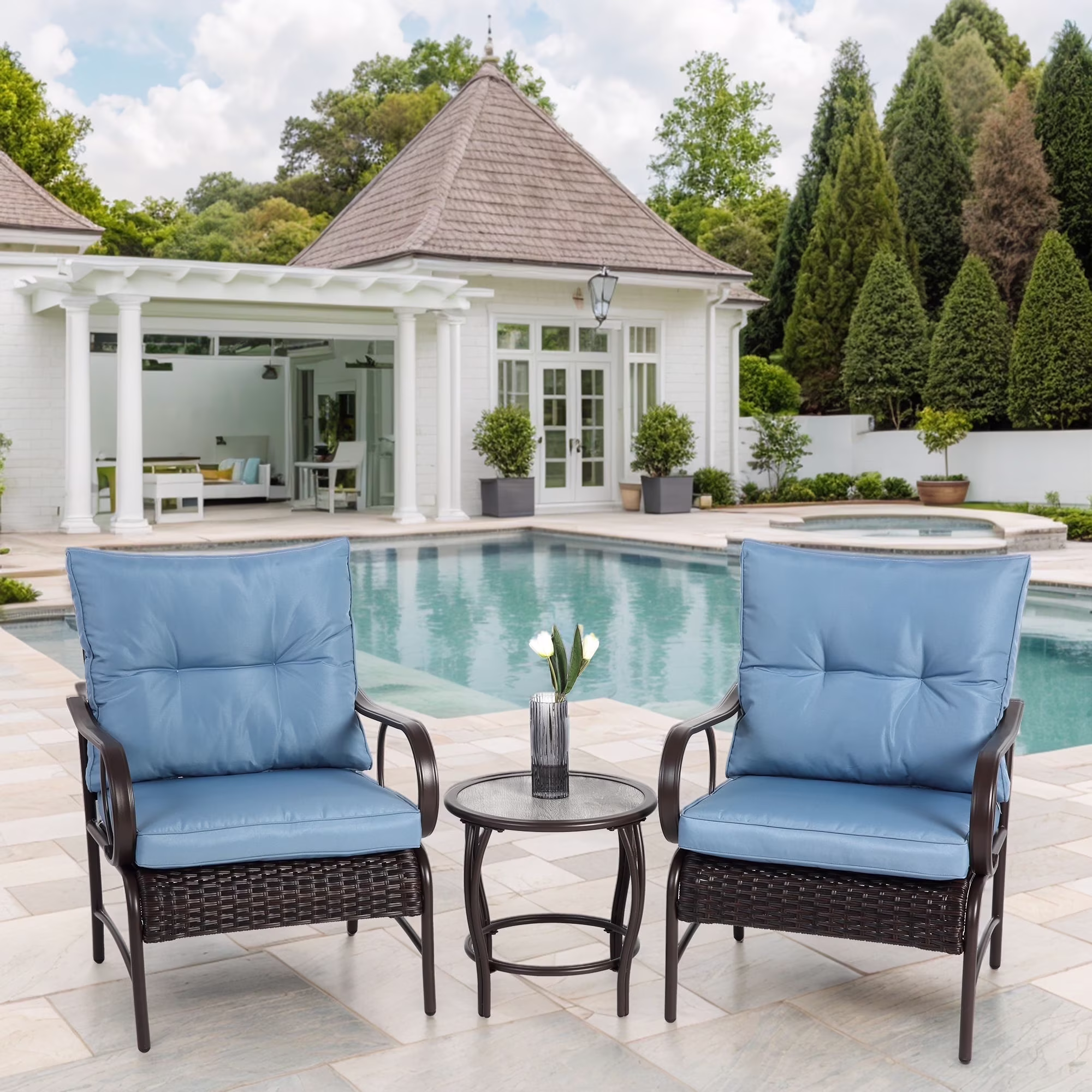 Villeston 3 Piece Outdoor Wicker Conversation Patio Set, with 2 Chairs, Table for Porch Garden, Blue