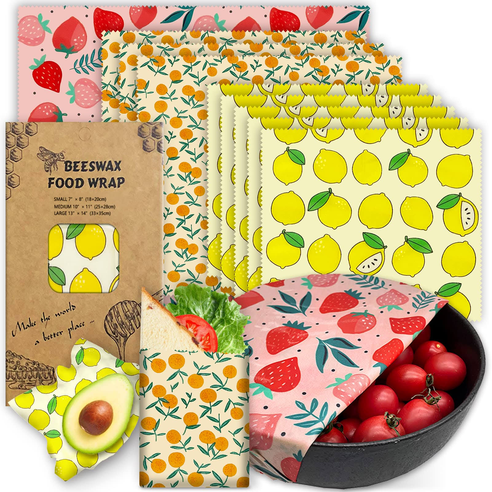 Reusable Beeswax Wrap - 9 Pack Eco-Friendly Beeswax Wraps for Food, Organic, Sustainable, Biodegradable, Zero Waste, Plastic-Free Food Storage, 1L