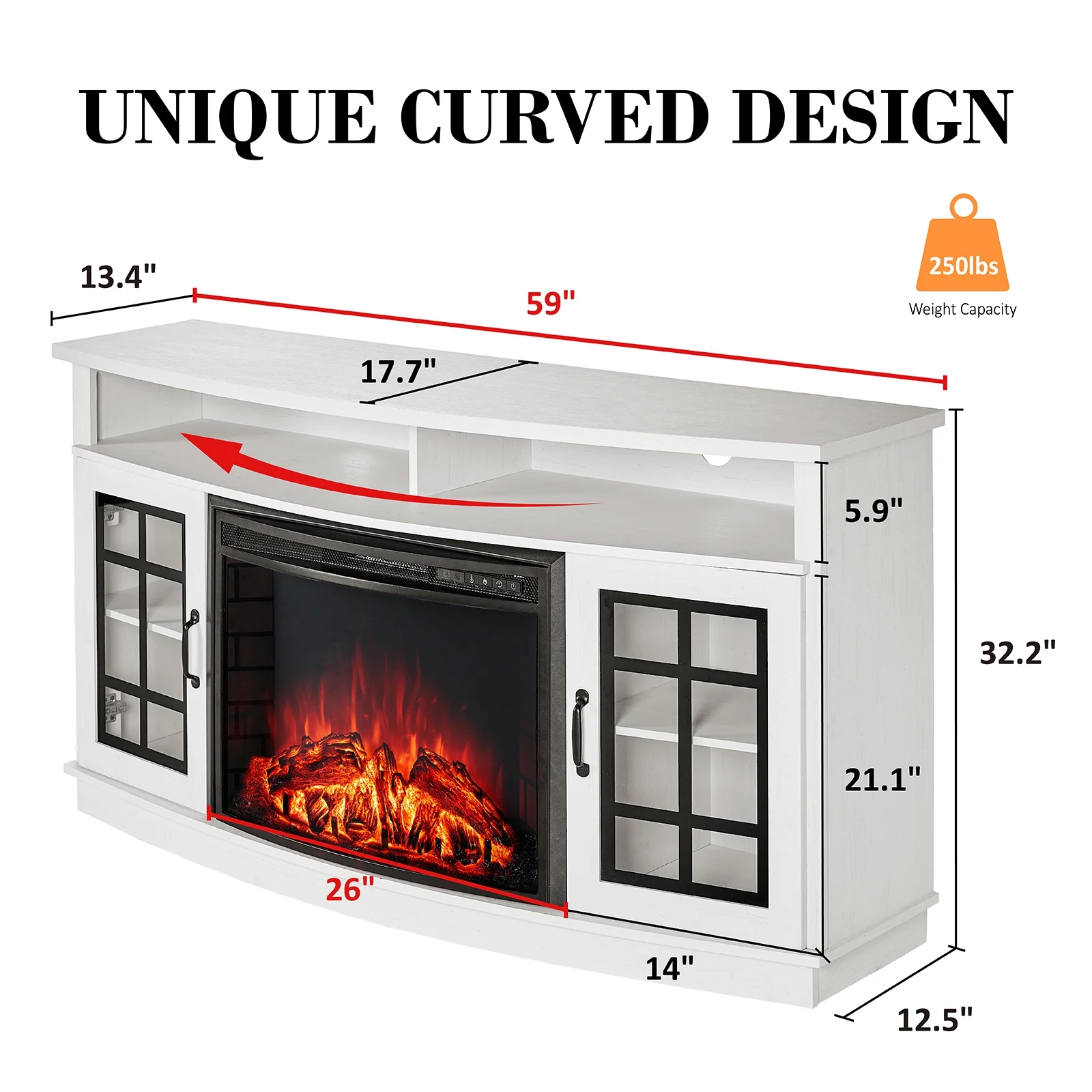 Curved TV Cabinet with 26" Electric Fireplace for TVs up to 65", Distressed White(Distressed White) - Image 4