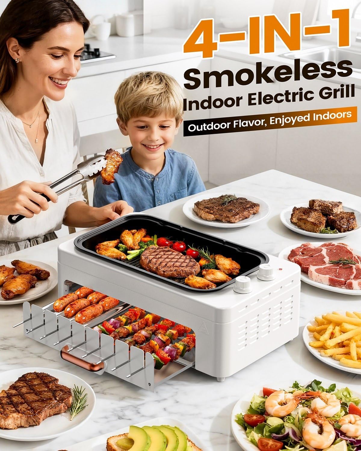 Gril électrique d'intérieur 4 en 1 sans fumée pour la maison, gril électrique de comptoir avec plaque de cuisson et grille amovibles + brochettes à kebab rotatives automatiques + rouleau à hot-dogs électrique, cuisson à double zone avec couvercle