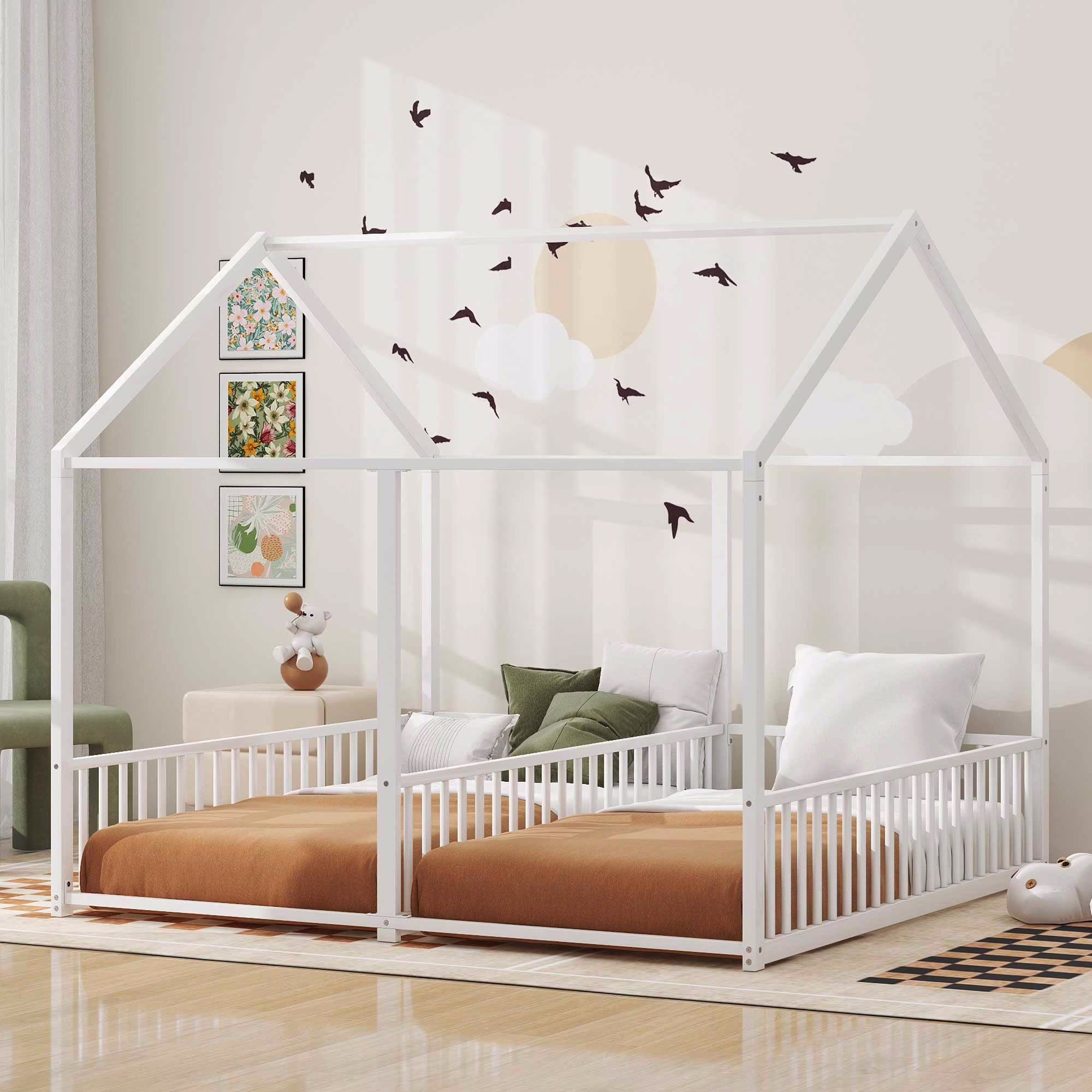 Double Twin Size Floor Bed, Metal Shared Platform Beds for 2 Kids, Montessori House Bed for Toddler Boys Girls Teens(White)(White)