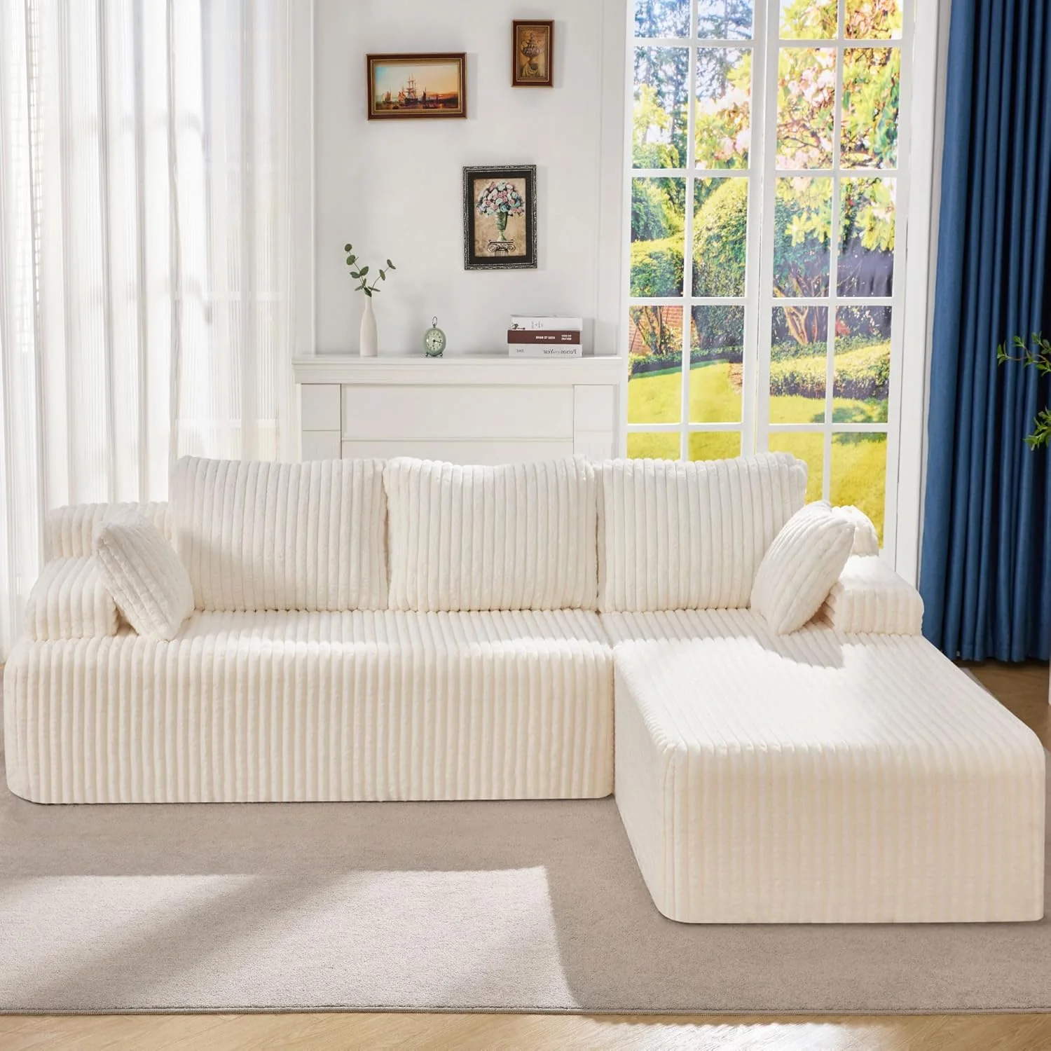 Modular Sectional Sofa Couches L-Shape Couch 3 Seat Modular Sofa Memory Foam Sectional Couches for Living Room, Cloud Couch with Oversized Chaise (Grey Stripe, 96