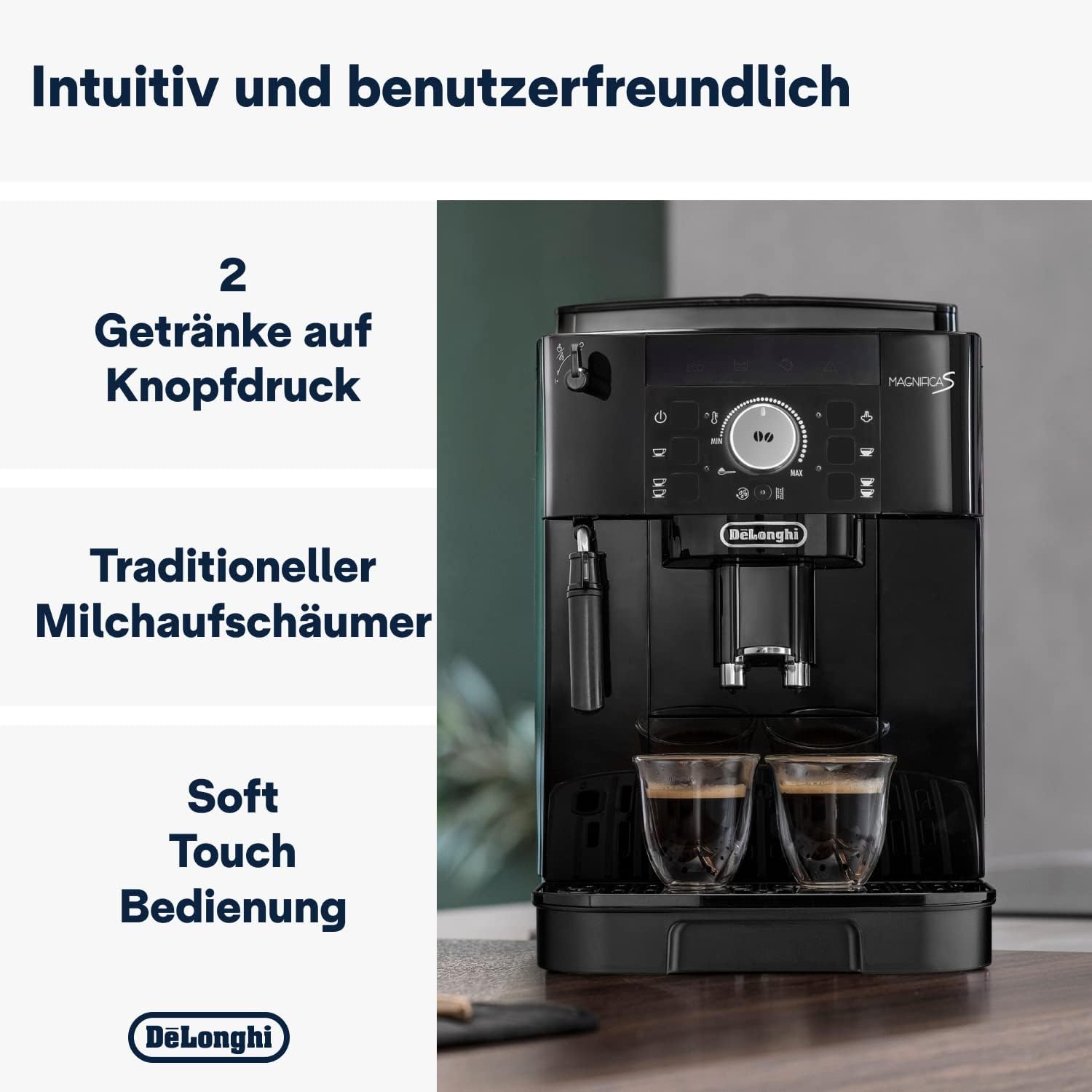 Machine à café entièrement automatique De'Longhi Magnifica S ECAM11.112.B avec buse vapeur pour cappuccino, sélection directe expresso, boutons et molette de commande, fonction 2 tasses, couleur noire.