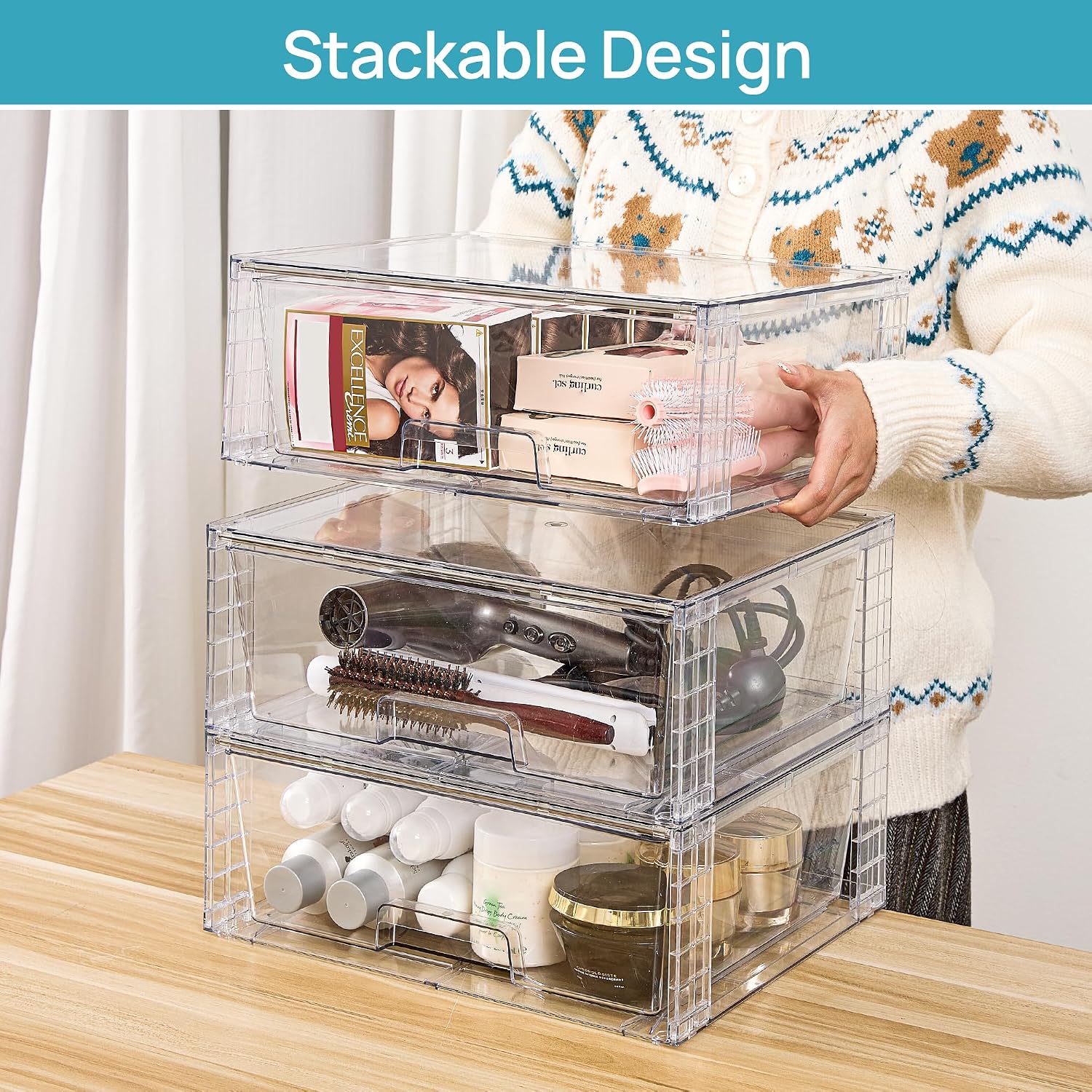 Vtopmart 2 Pack Large Clear Stackable Storage Drawers for Closet, Pantry