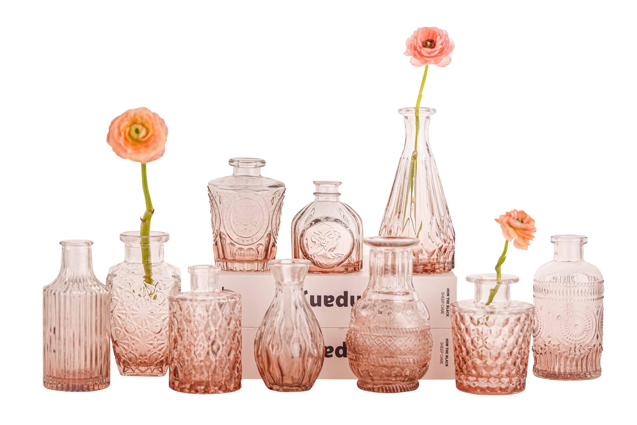 Amber Glass Bud Vase Set of 10 - Mini Vintage Vases for Wedding Decorations, Home Table Flower D��cor, Small Carved Vases for Centerpieces, Entryways