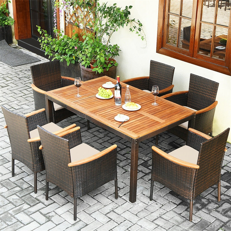 Ensemble de salle à manger de patio en rotin 7 pièces avec table en bois d'acacia et chaises empilables en osier