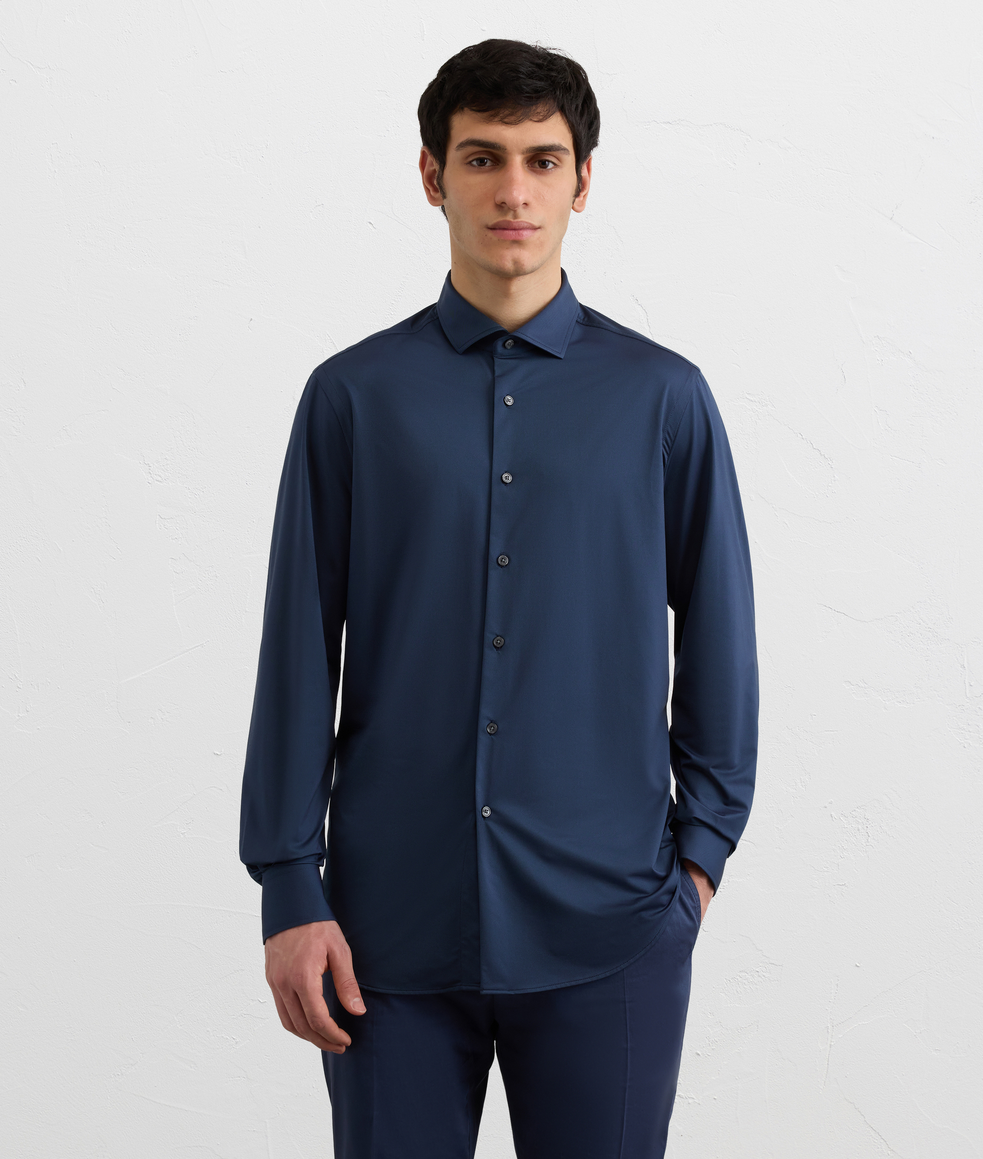 NAVY BLUE POLYAMIDE AND ELASTANE SHIRT WITH SMALL TORINO COLLAR AND STANDARD CUFF