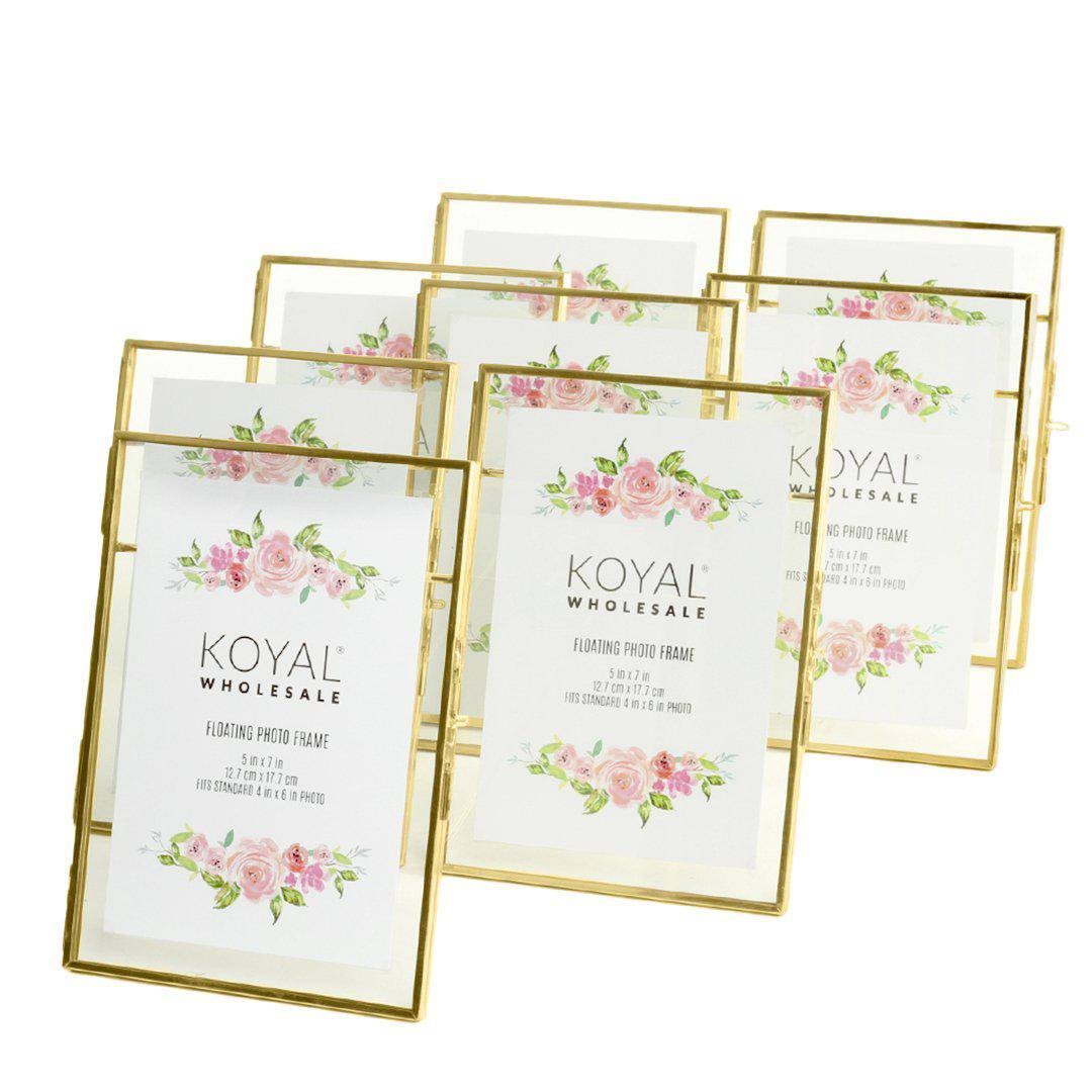 Koyal Wholesale Pressed Glass Floating Photo Frames 5 x 7 Frame Gold 8-Pack with Stands Use Horizontal or Vertical