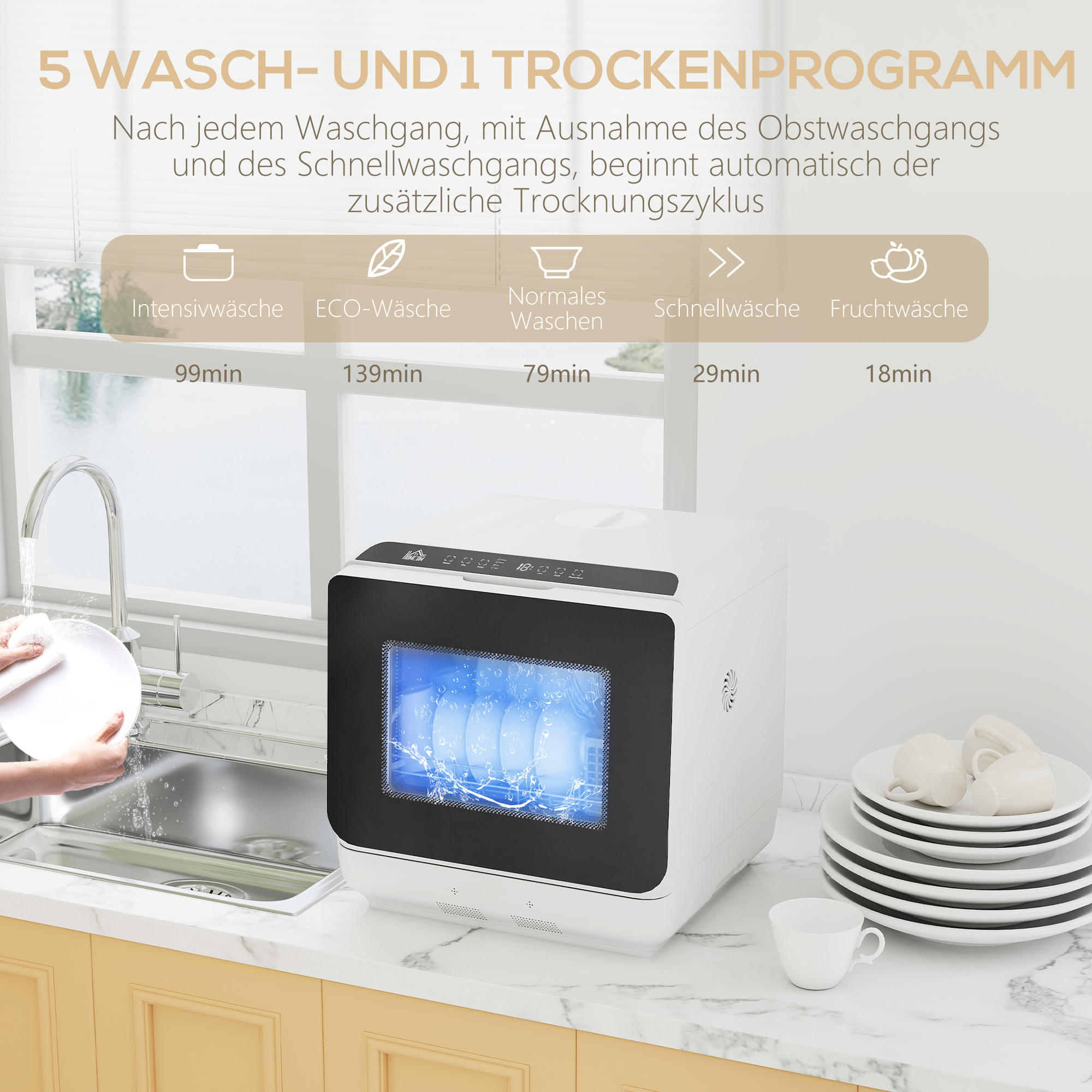 HOMCOM Tafelvaatwasser, Mini-Vaatwasser met 6-Liter-tank, 5 Programma's, LED-display, Droogfunctie, Wit