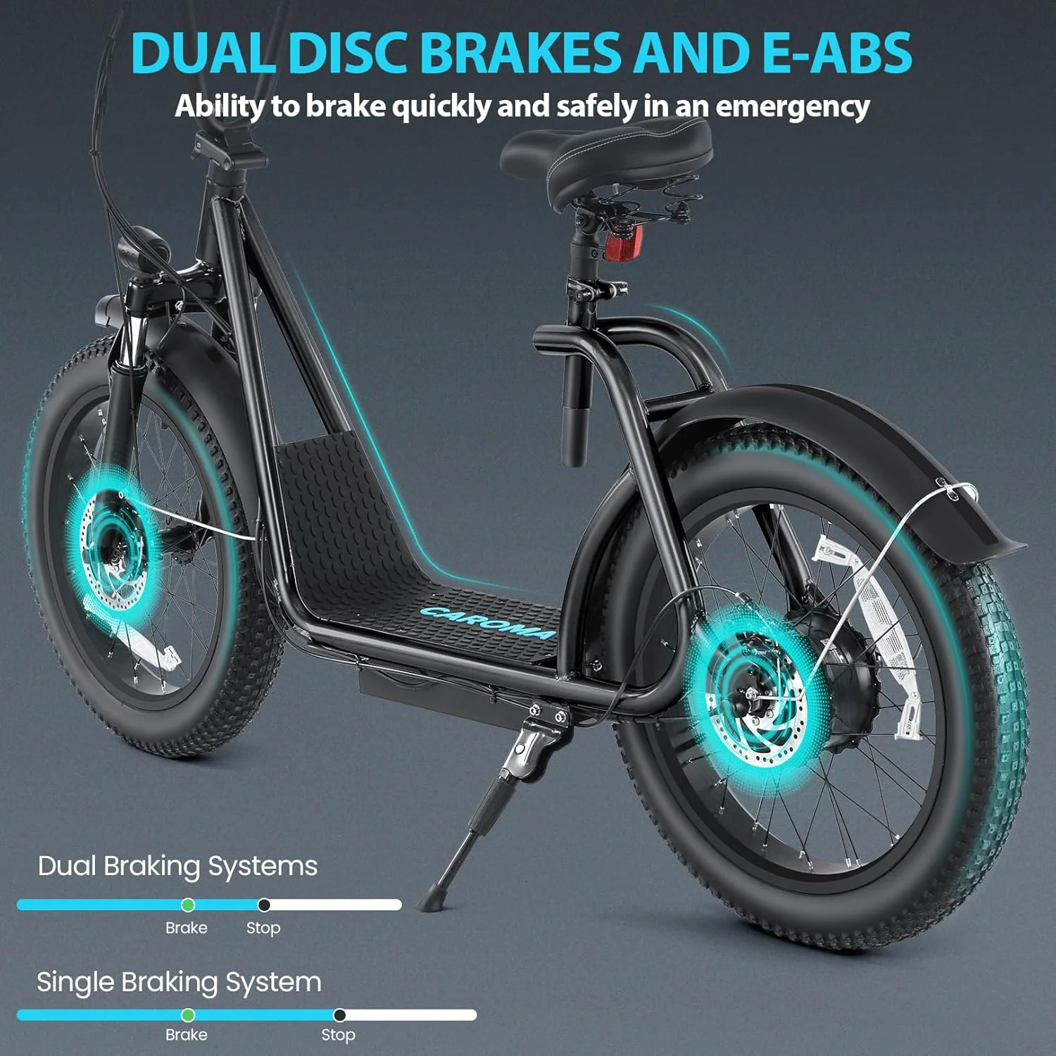 Trottinette électrique pliable Caroma Peak 800W pour adultes, avec pneus de 20 pouces de large, batterie 48V, panier et siège réglable.
