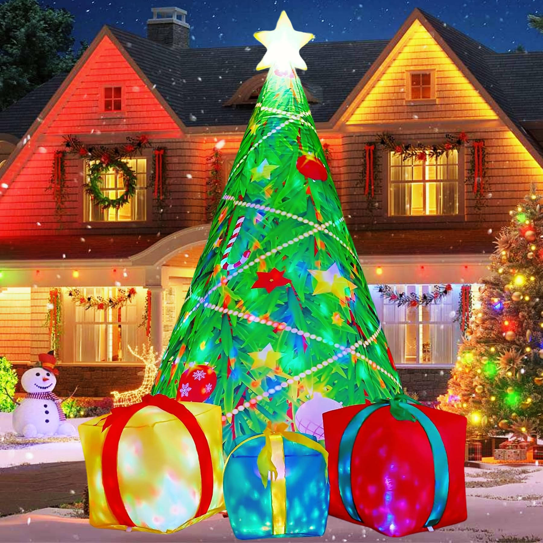 Comin 7 ft Christmas Inflatables Tree Outdoor Decorations Blow Up Yard Gift Box with Built-In LEDs for Indoor Party Garden Lawn Decor