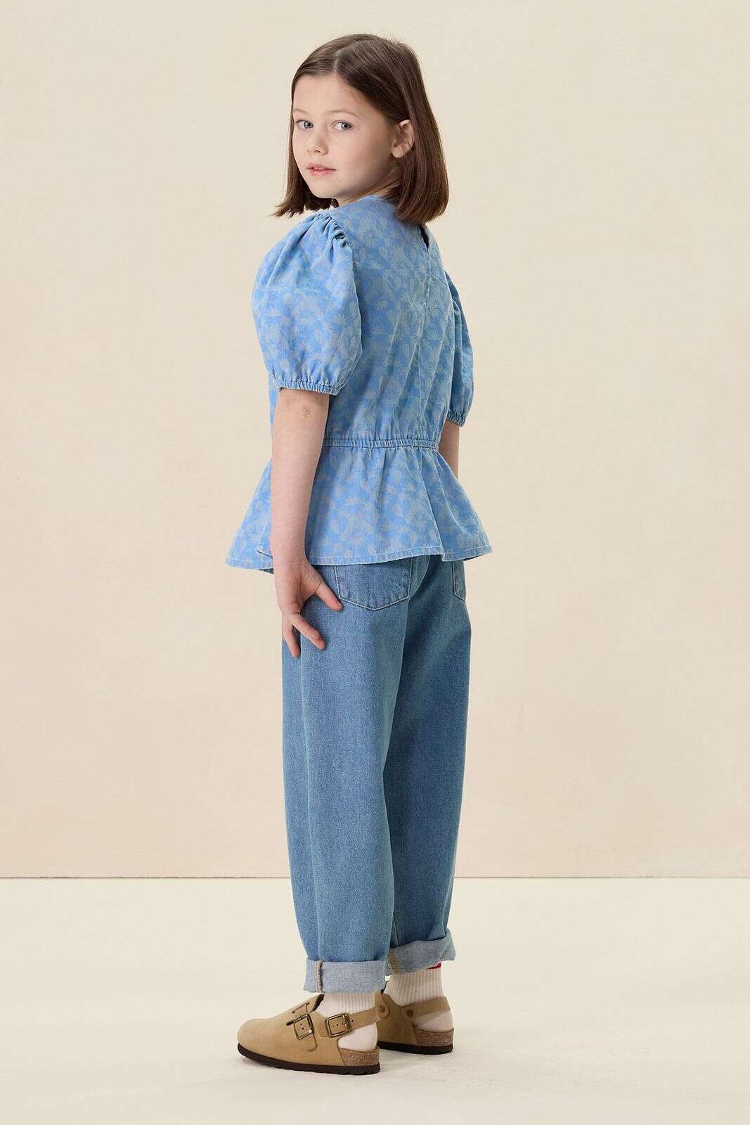 Lichtblauwe denim top met print