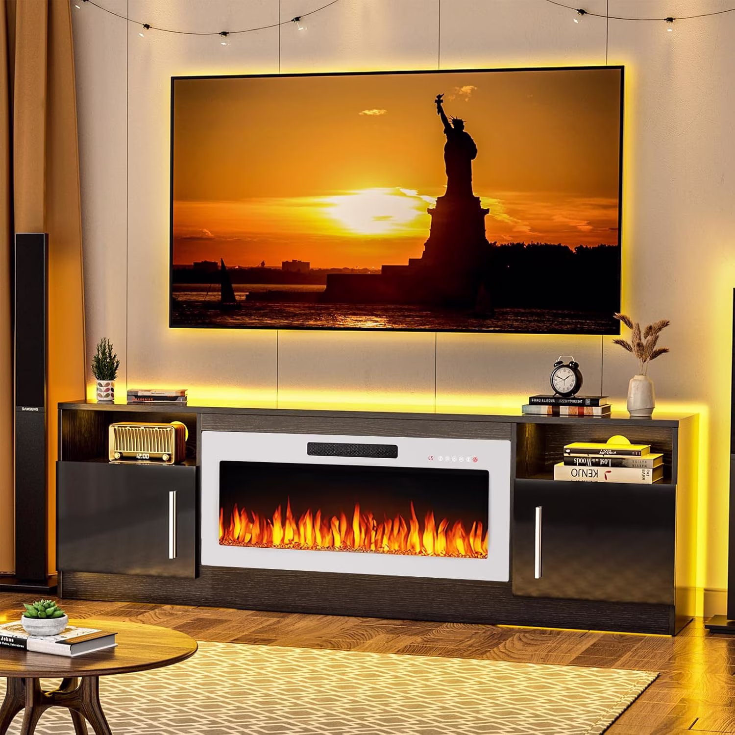 Fireplace TV Stand with 18'' Fireplace for TVs up to 65 inch, Two Adjustable Glass Shelves(58"/White) - Image 3