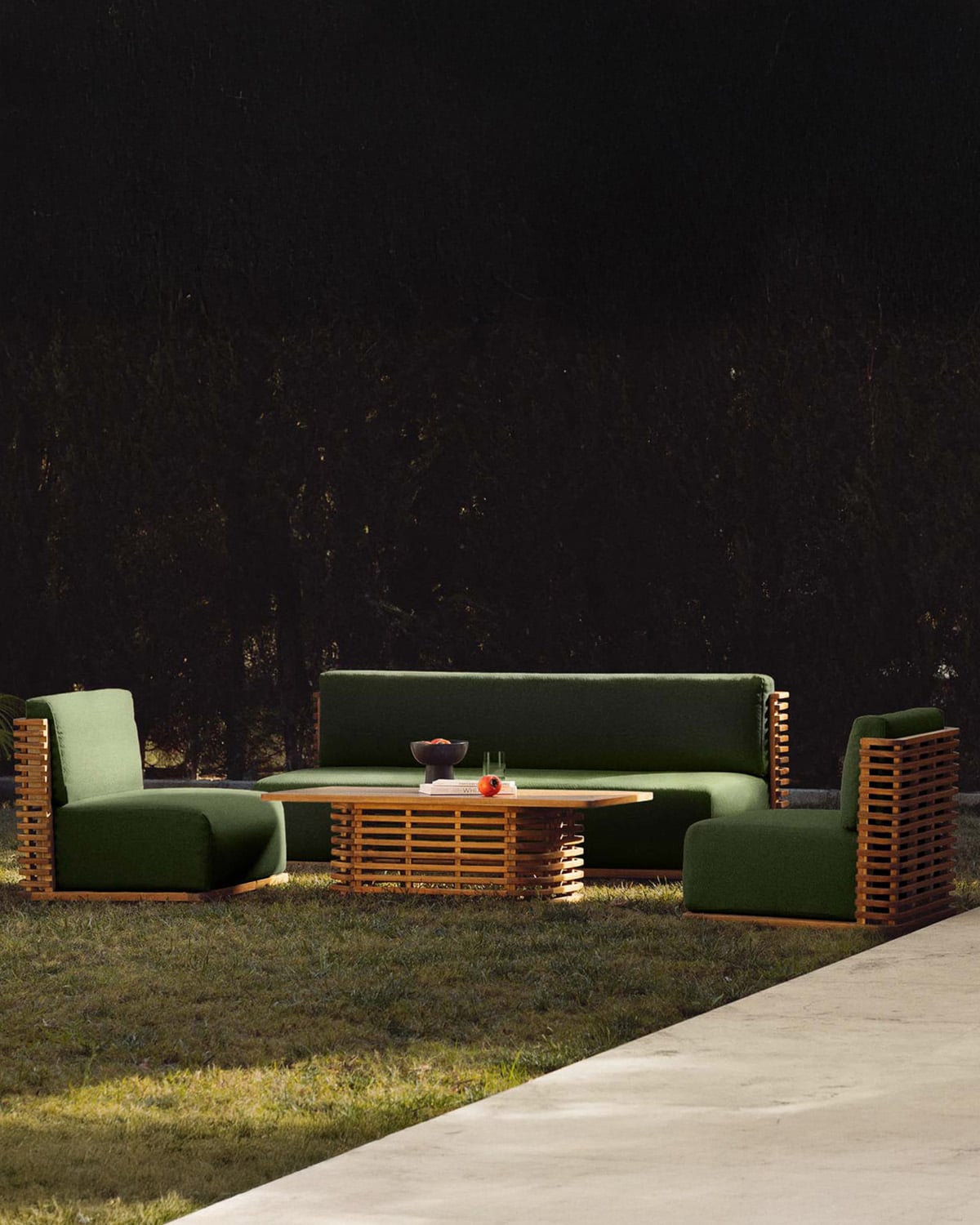 Hazan - Set de Jardín con Sofá 3 Plazas, 2 Sillones y Mesa de Centro de Madera de Acacia y Tela Hazan