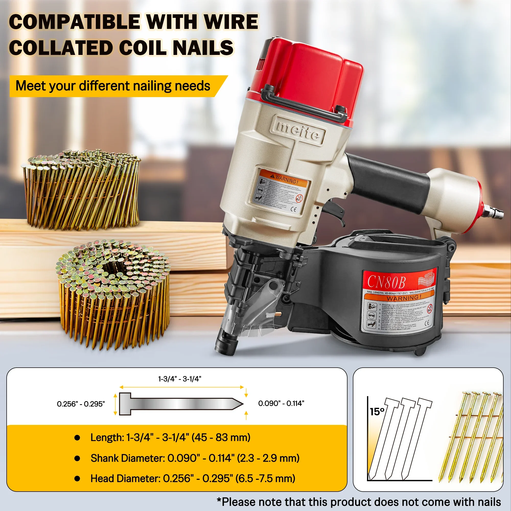 MEITE CN80B Pneumatic Coil Siding Nailer 15 Degree 2 to 3-1/4 Industrial Coil Nail Gun