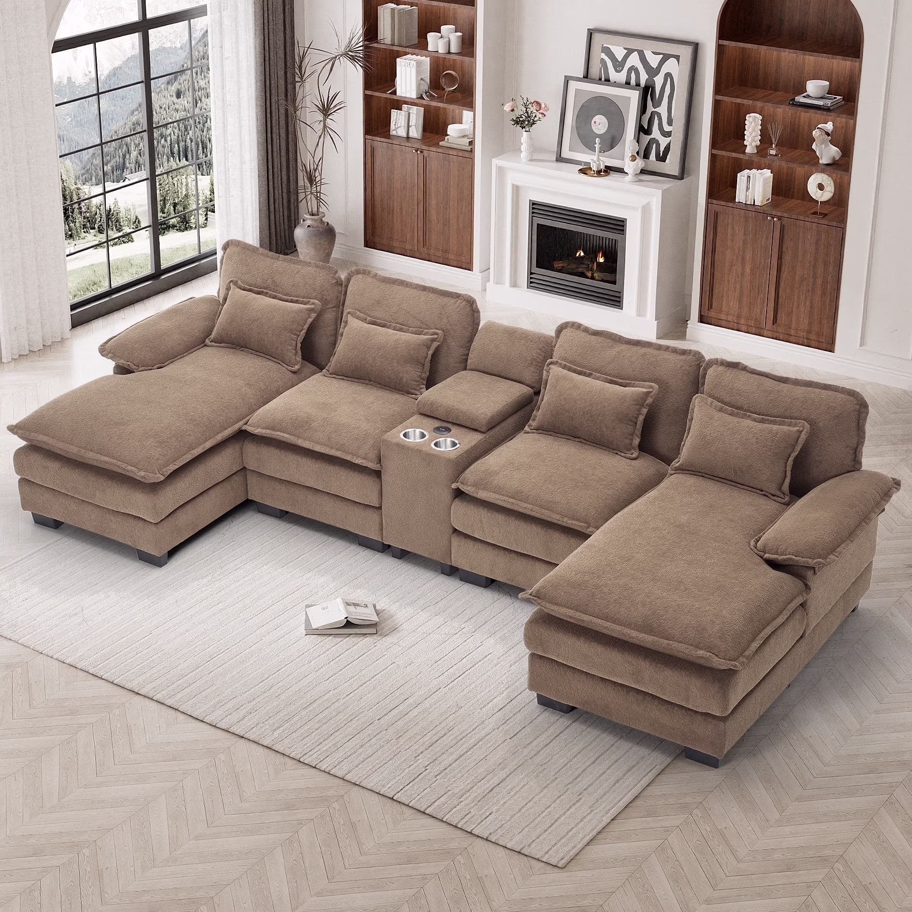 U Shaped Cloud Couch Modular Sectional Sofa 124" Extra Deep Fluffy Chenille Double Chaise Lounge, Central Console w/ Dual USB-C A Ports, Storm Gray(Grey) - Image 5