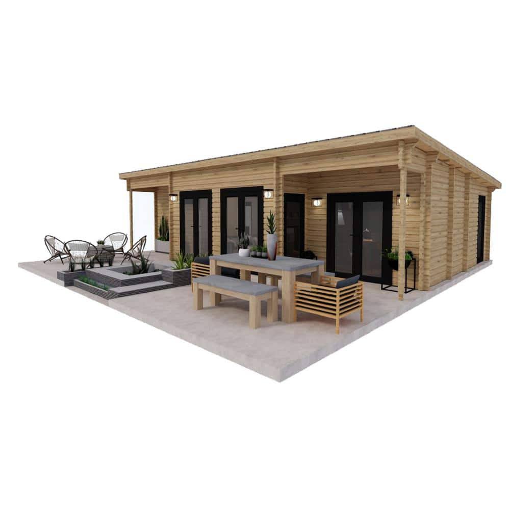Hud-1 EZ Buildings Nordic J68 33 ft. 3 in. x 19 ft., 3 ft. 1 in. with 14 ft. 3 in x 3 ft. 5 in. Bay Area ?692 Sq. ft. Log Cabin Kit, Brown