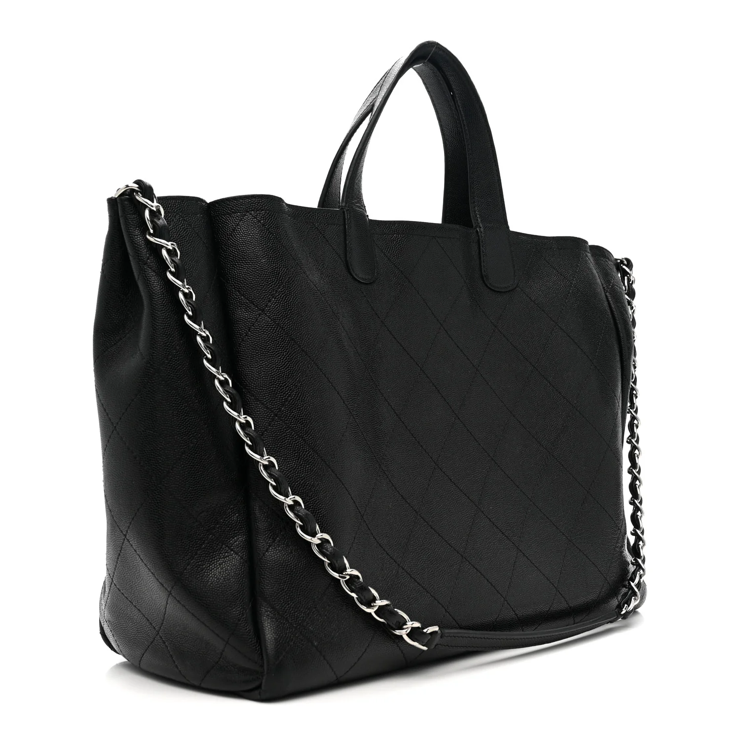 Caviar Stitched Large Lady Coco Shopping Tote Black
