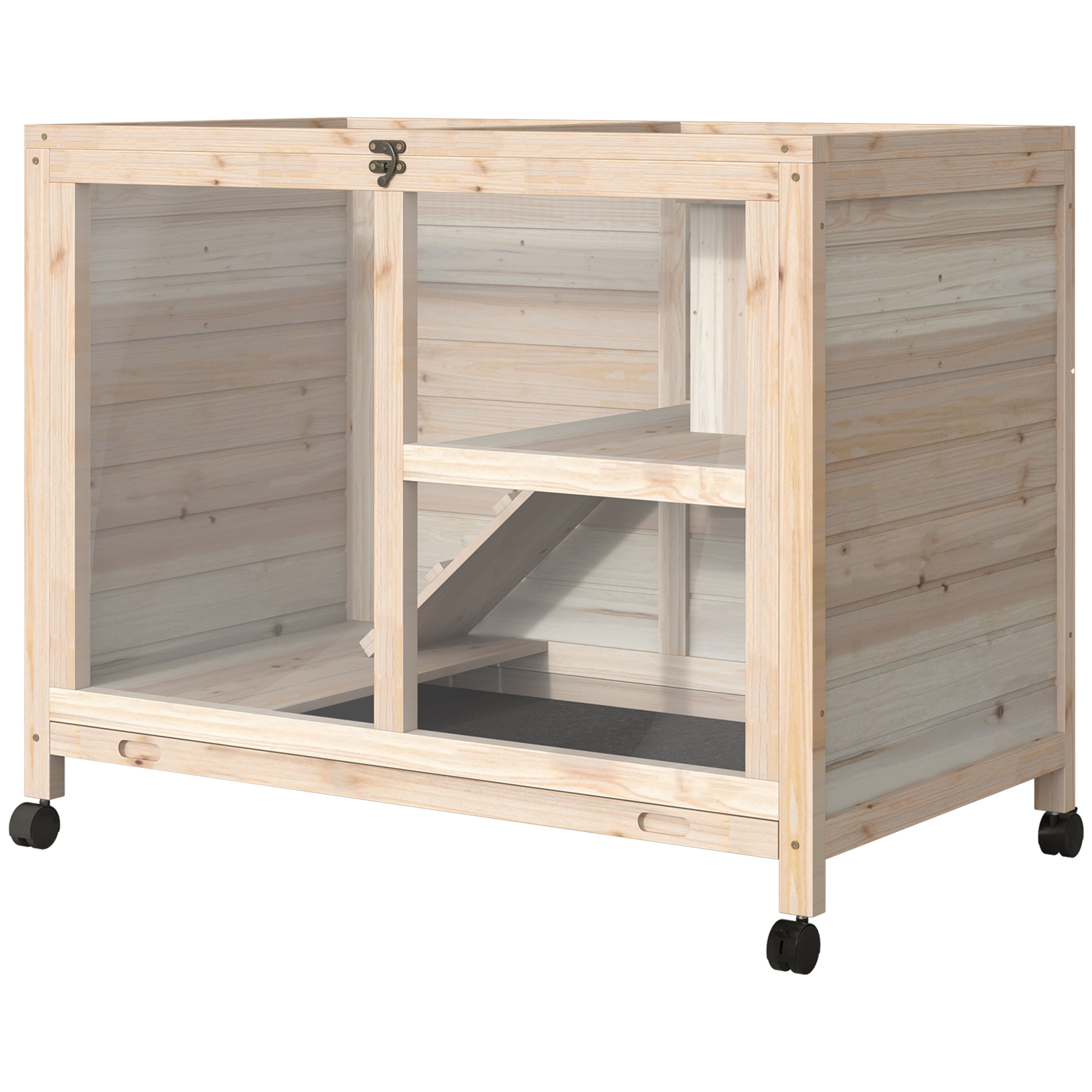 PawHut konijnenhok konijnenhok met twee verdiepingen op wielen massief hout naturel