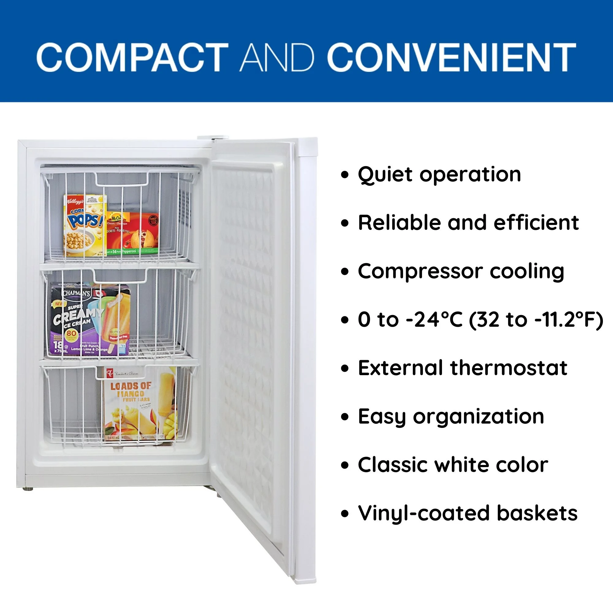 Koolatron 3.1 cu ft Upright Freezer, 88 L Mini Freezer, White, Manual Defrost, Compact Design